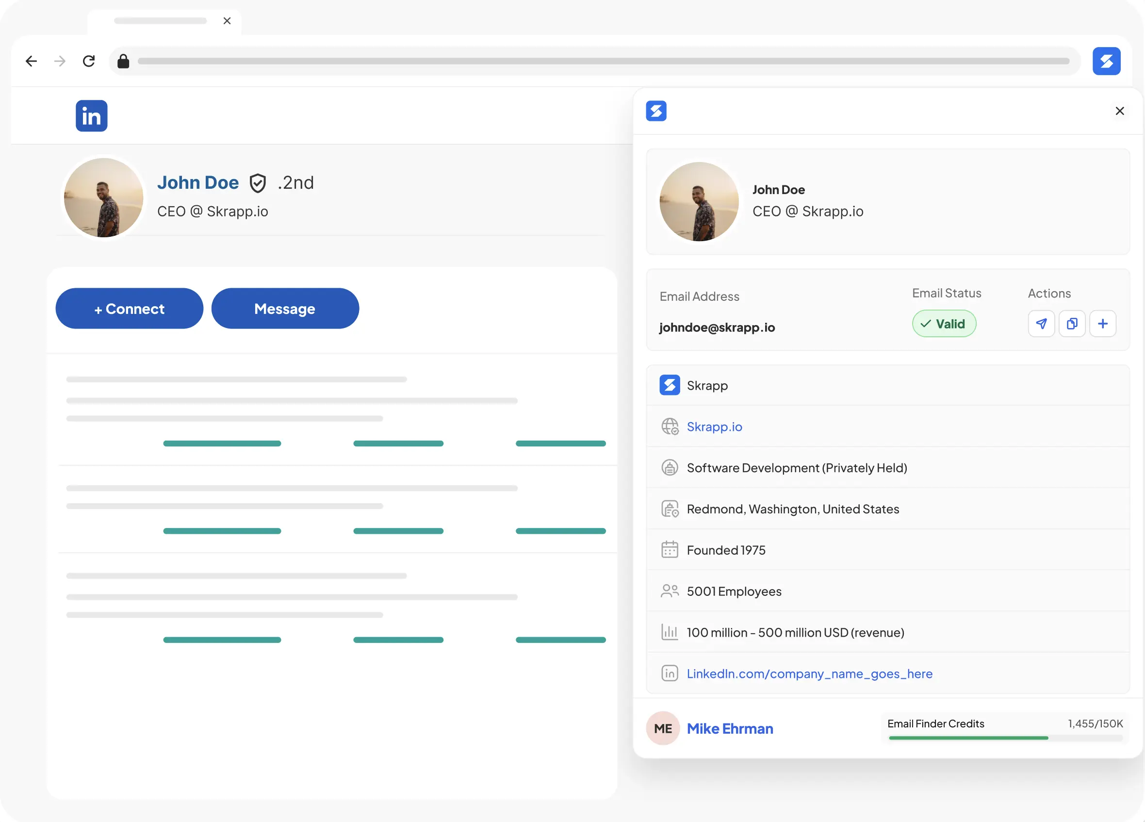 LinkedIn profile email finder — Skrapp Chrome extension revealing a verified email on an individual LinkedIn profile