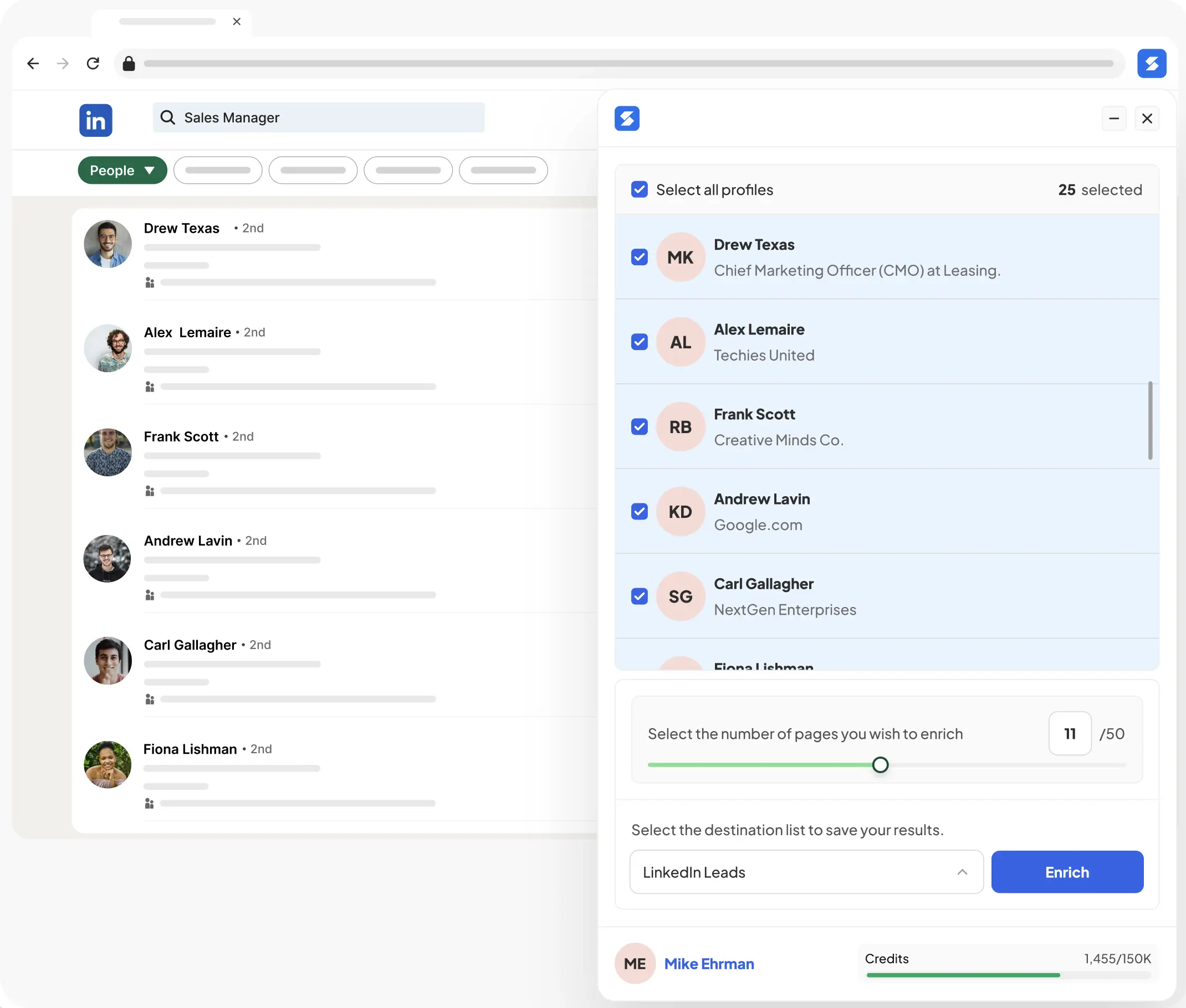 LinkedIn email finder Chrome extension showing Skrapp sidebar extracting verified emails from a LinkedIn People search