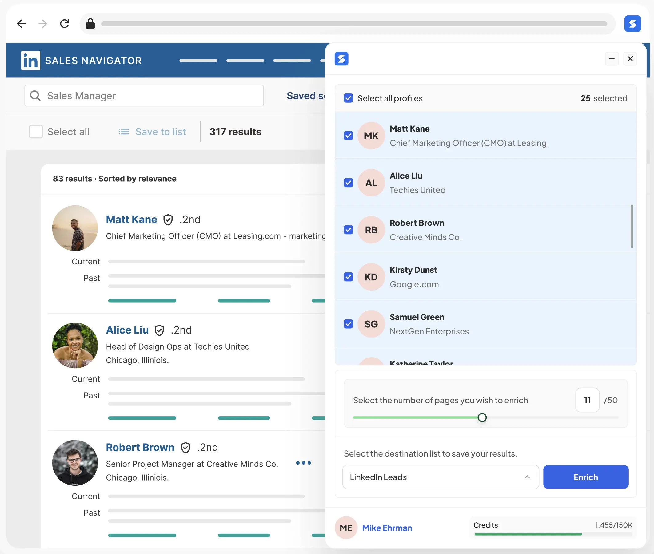 LinkedIn Sales Navigator email finder — Skrapp extension enriching Sales Navigator search results with verified business emails