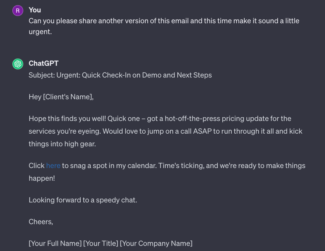 Sample follow up email template using ChatGPT