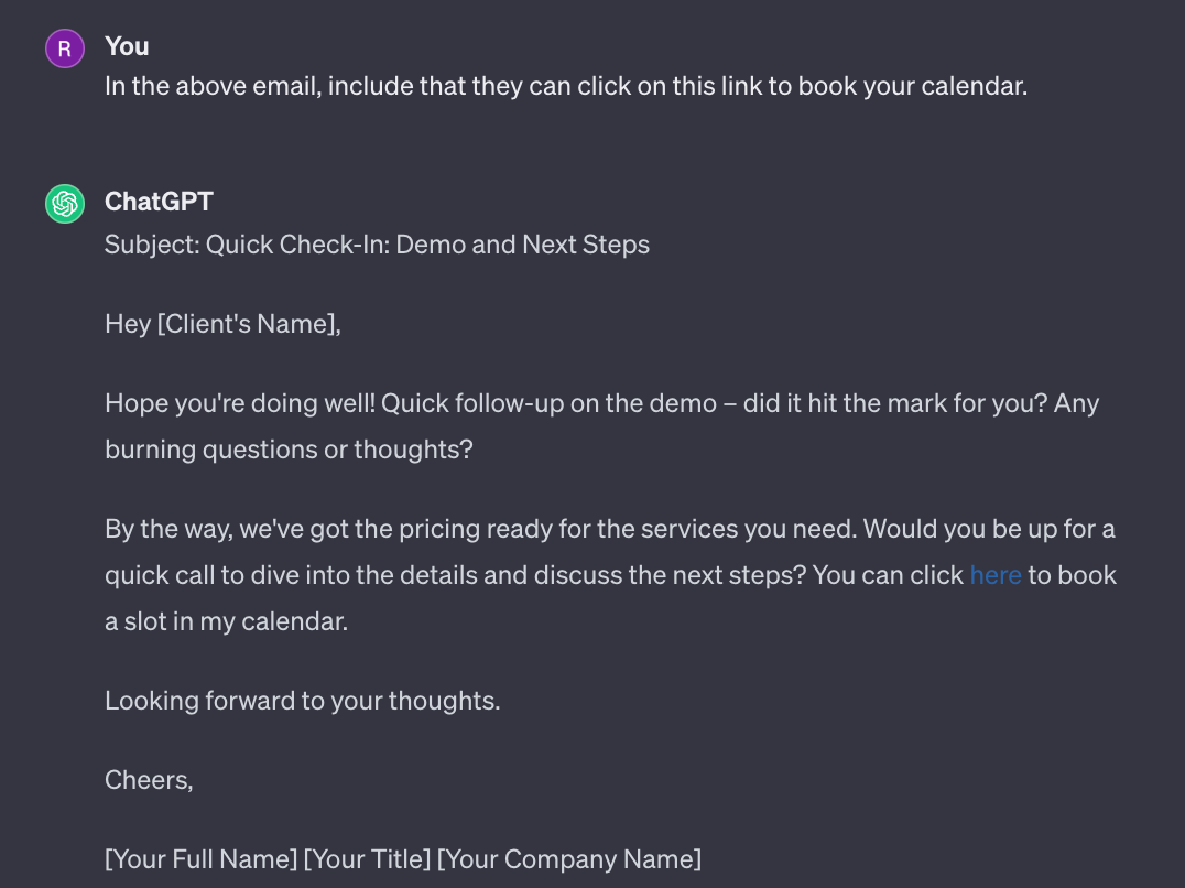 Sample follow up email template using ChatGPT adding links