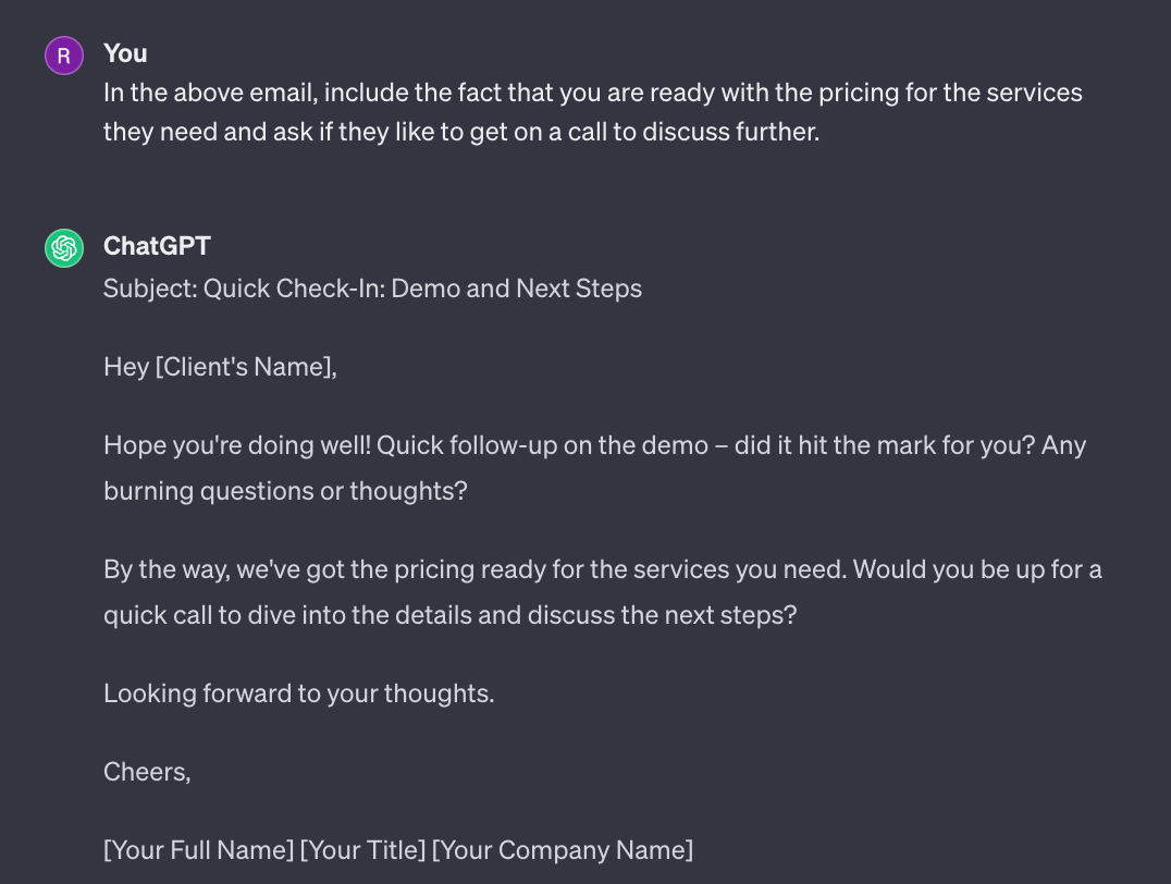 Sample follow up email template using ChatGPT including details