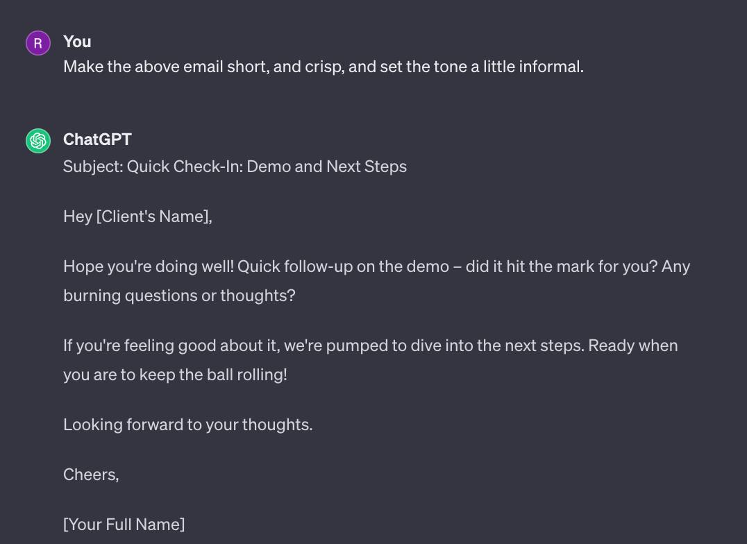 Sample follow up email template using ChatGPT setting tone