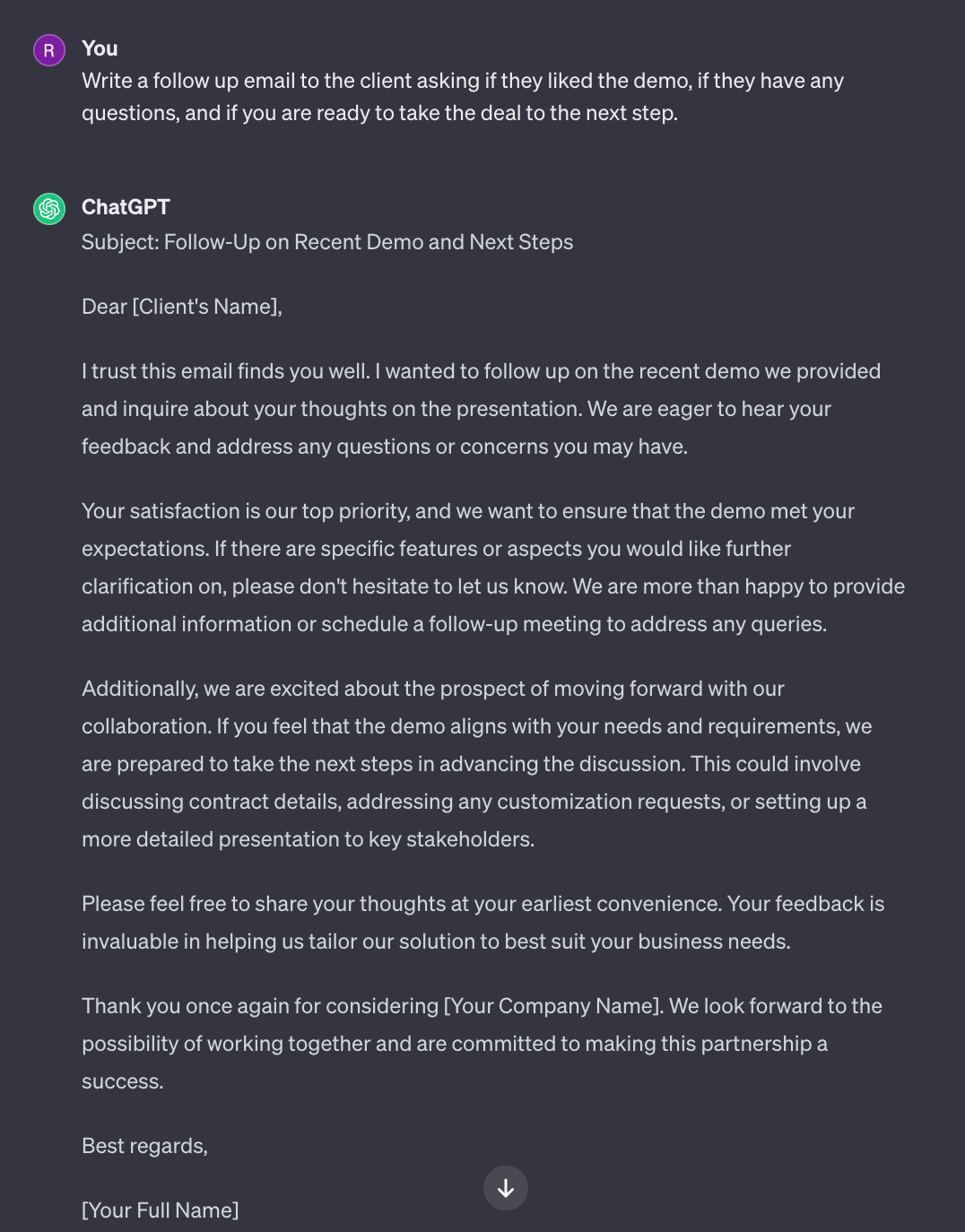 Sample follow up email template using ChatGPT