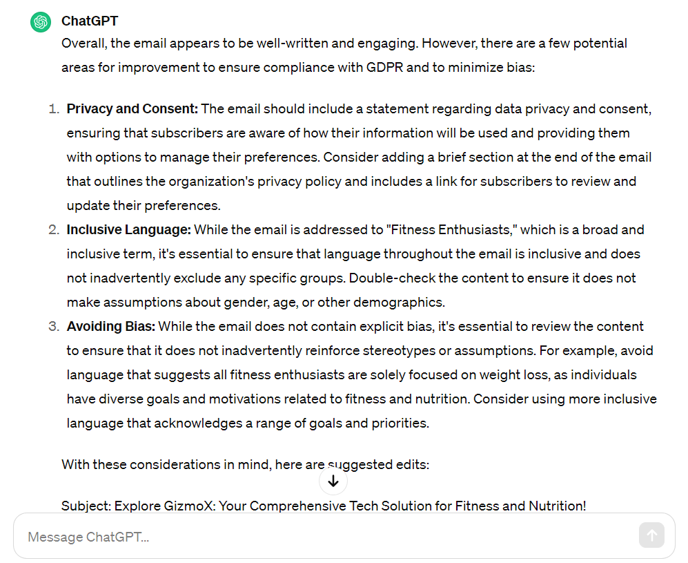 Ensuring Compliance and Checking for Bias using ChatGPT