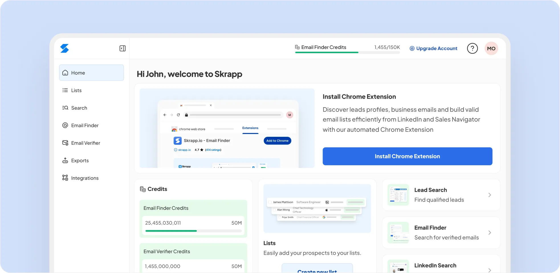 skrapp , best email finder , dashboard