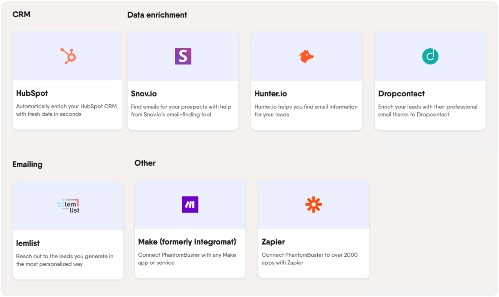 Overview of PhantomBuster integrations showing modules for triggers, actions, and searches in workflow automation.