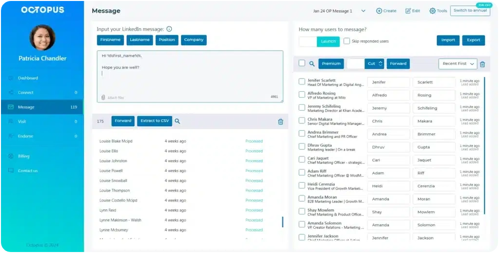 Octopus app interface showing LinkedIn message template and a list of users for job search and recruiting outreach.