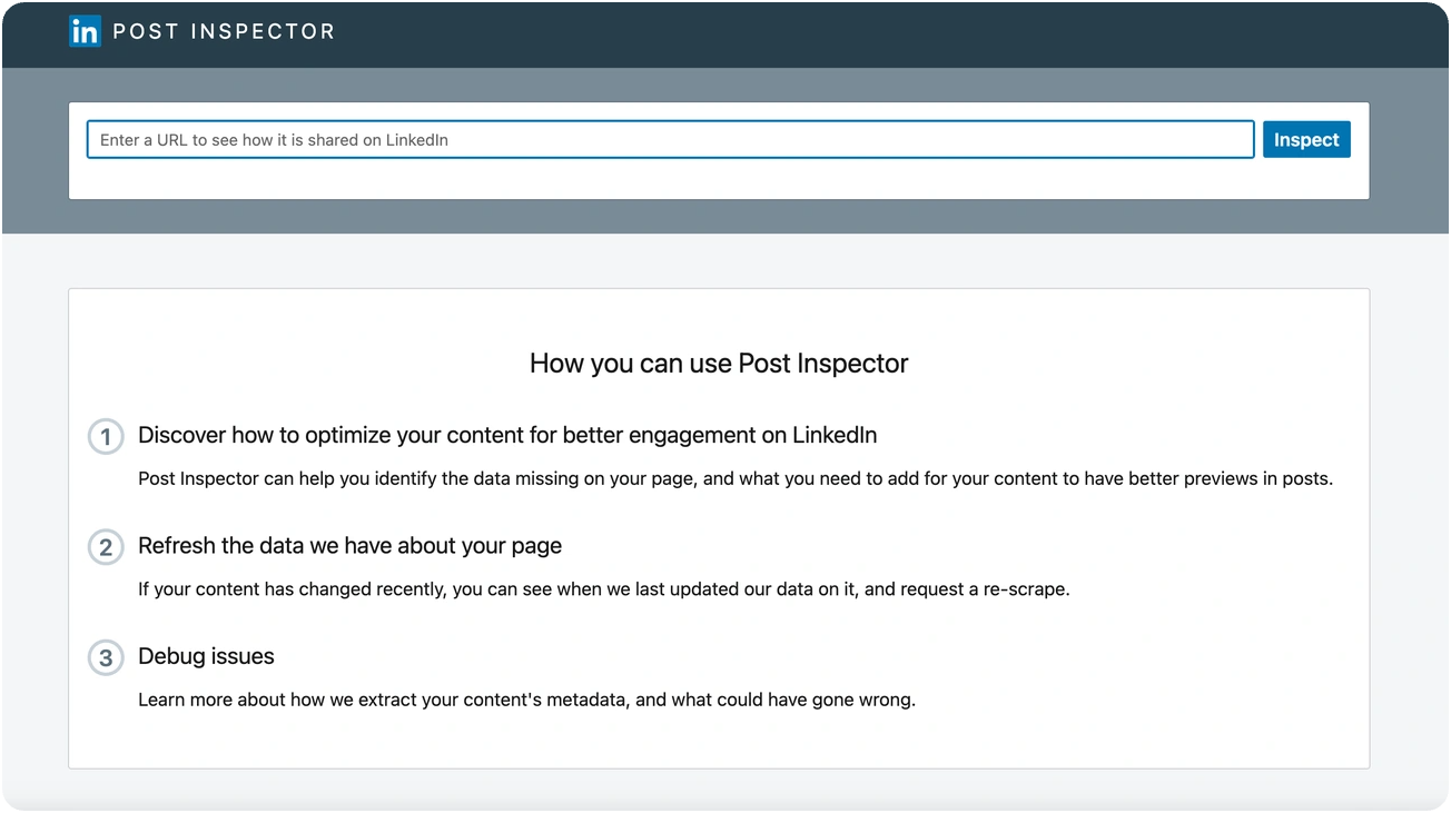 LinkedIn Post Inspector tool interface showing how to optimize, refresh, and debug link preview data for better engagement.
