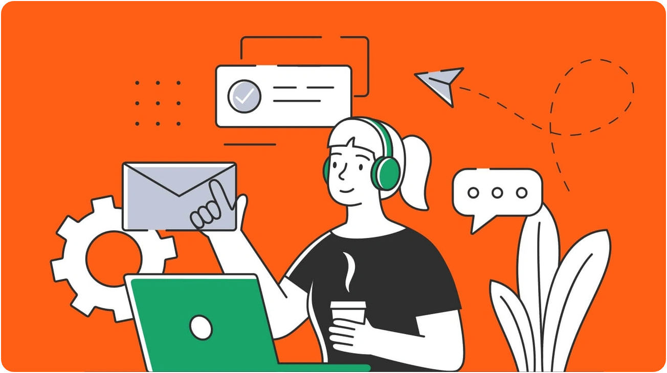 Illustration of a person with headphones holding an envelope and coffee, surrounded by email and message icons on orange background.