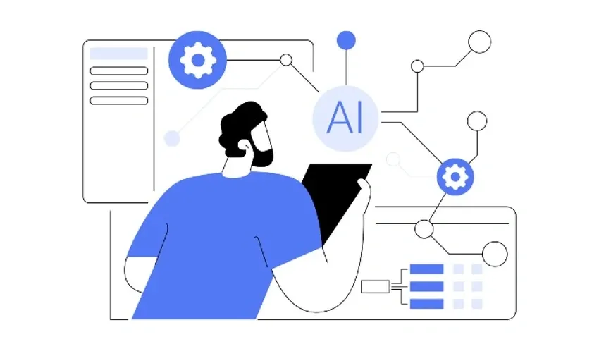 Illustration of a person interacting w AI workflow automation tools and interconnected system icons for 2025 strategies.