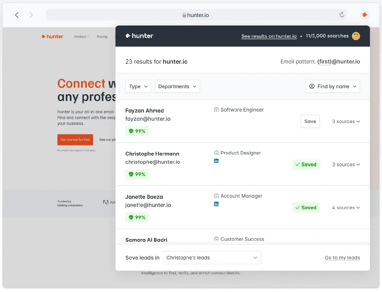 hunter.io data enrichment tools, dashboard and filters