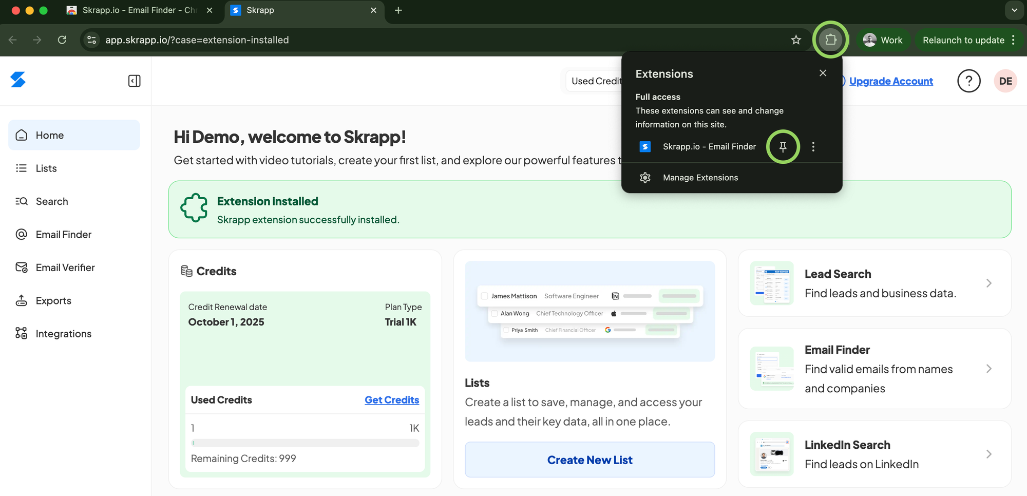 Skrapp.io Chrome Extension Pin Address bar