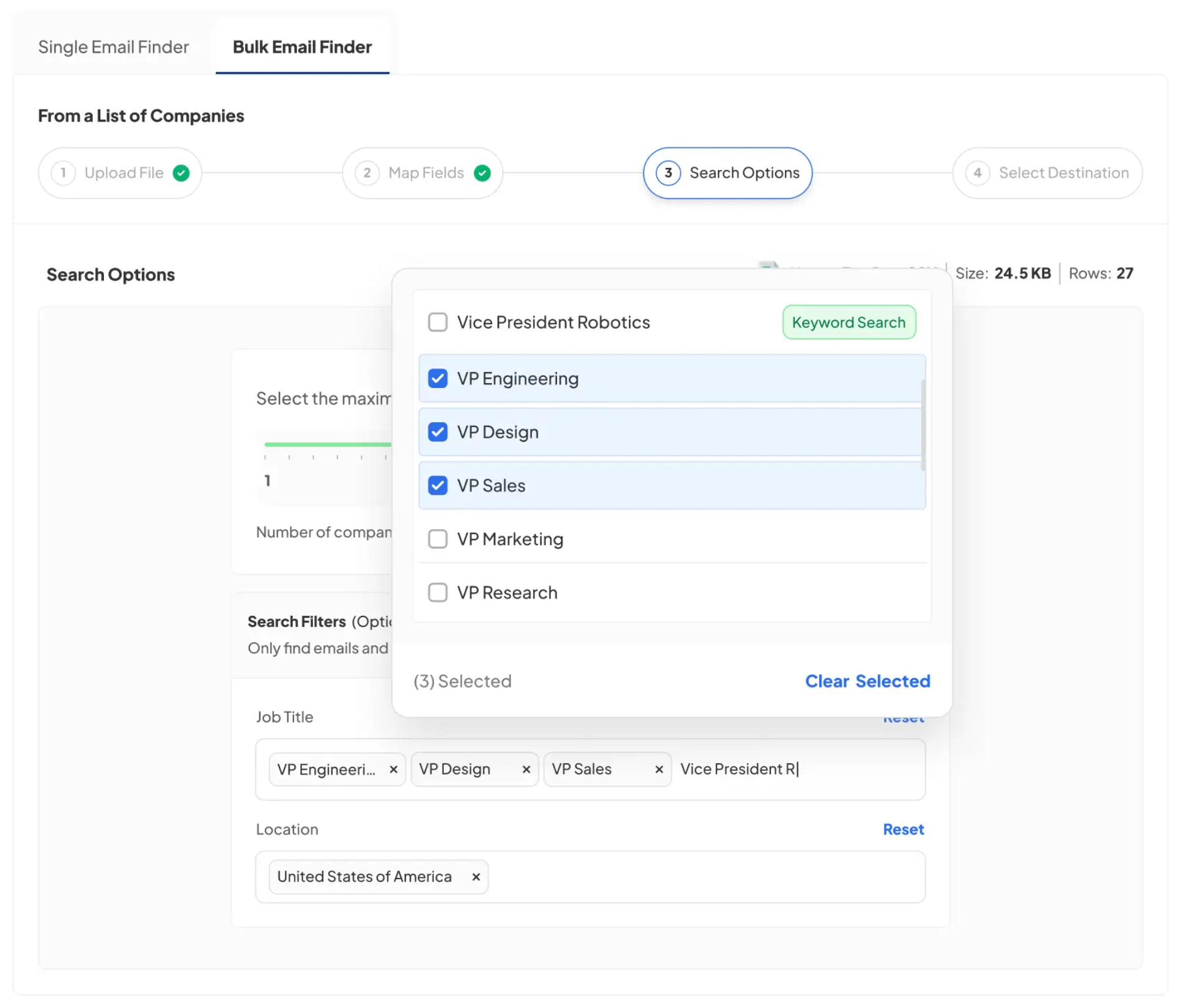 skrapp.io best data enrichment tool of 2025, image shows the filter options for data enrichment