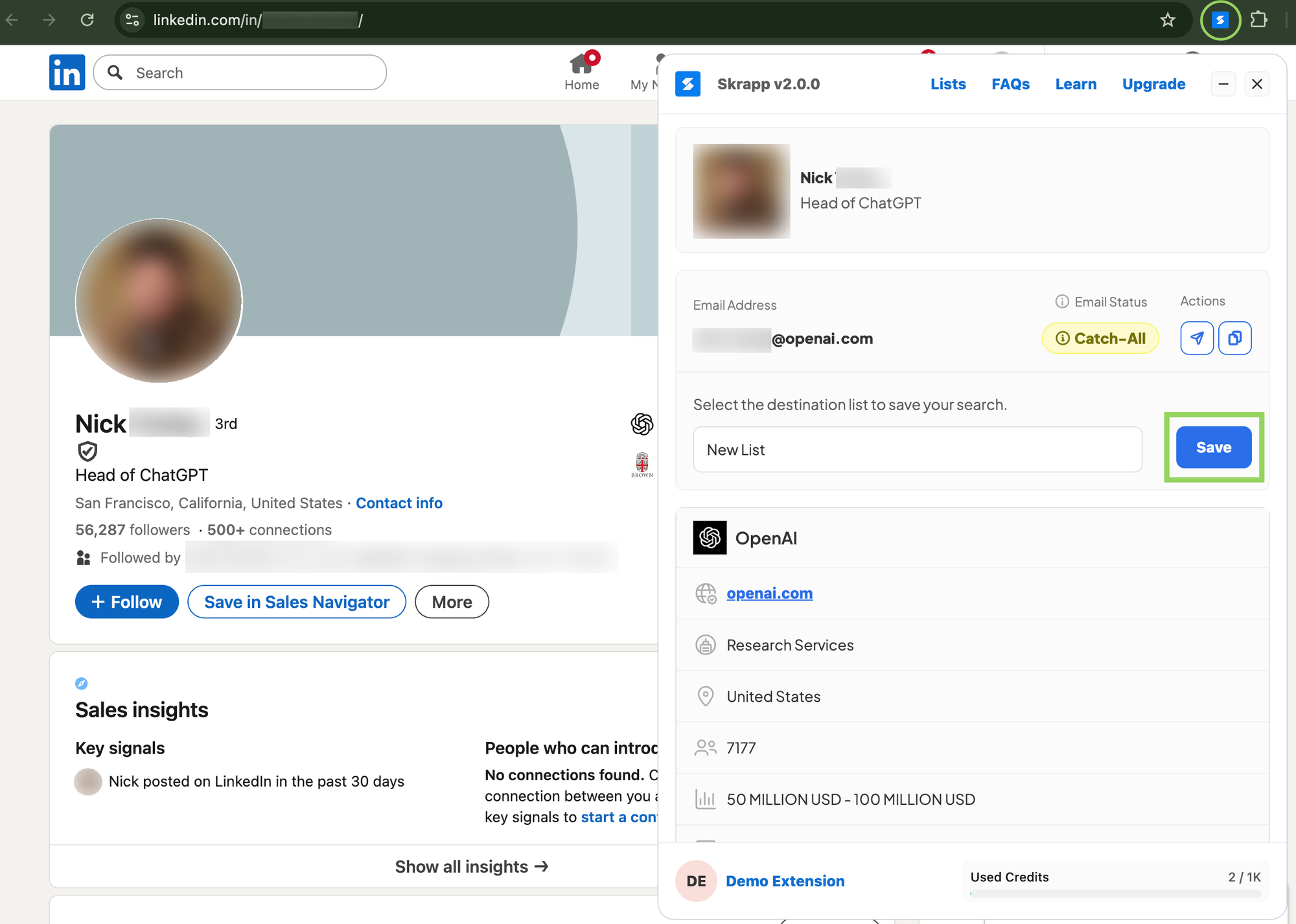 Skrapp.io Chrome Extension LinkedIn Profile Search