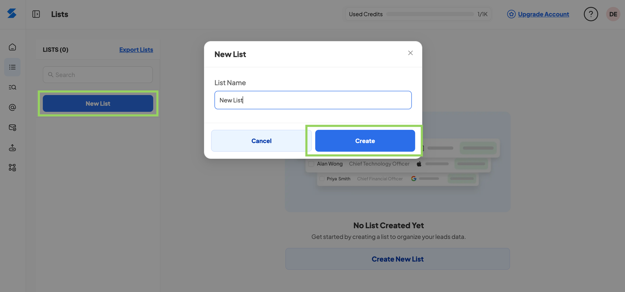 Skrapp.io Create New List