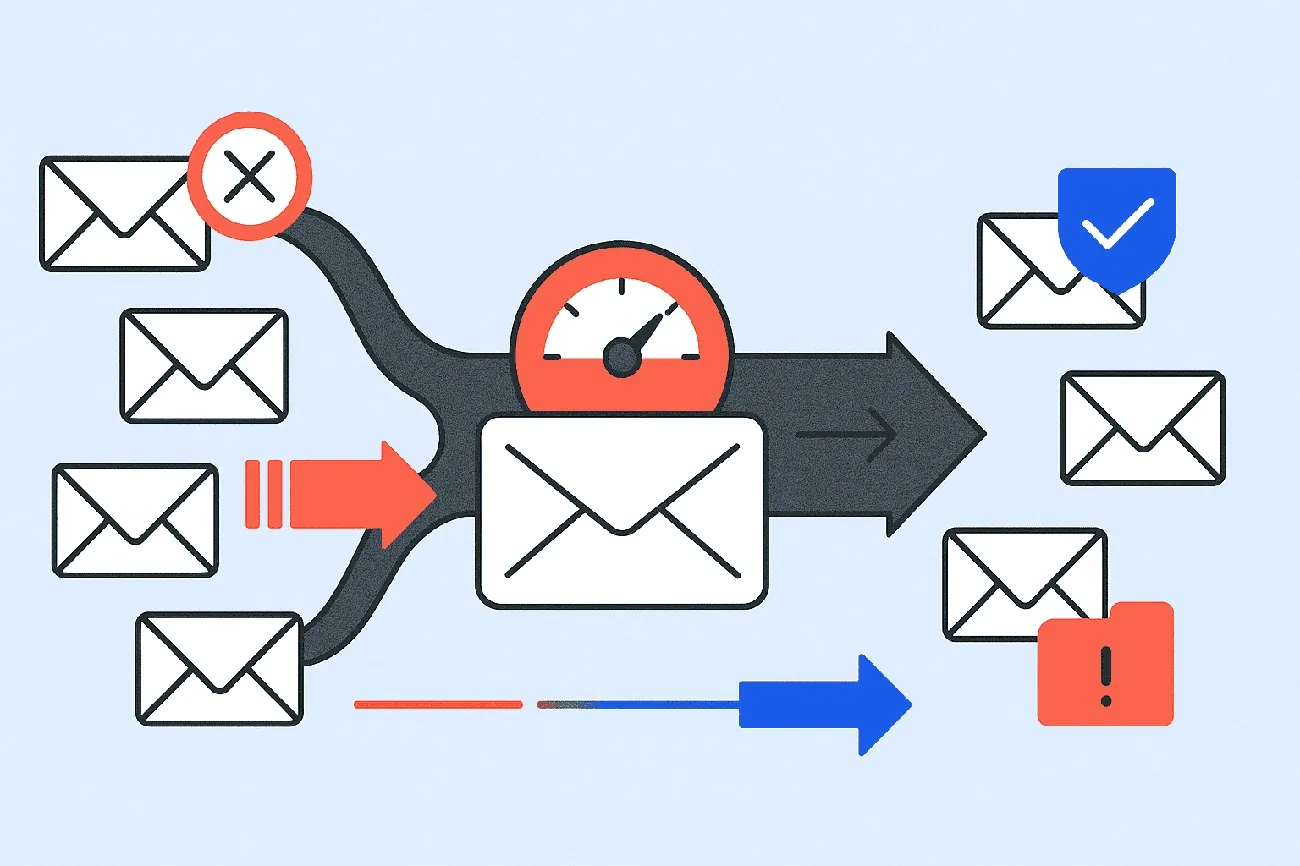 Diagram showing email throttling process to improve inbox placement by controlling sending rate and filtering emails.