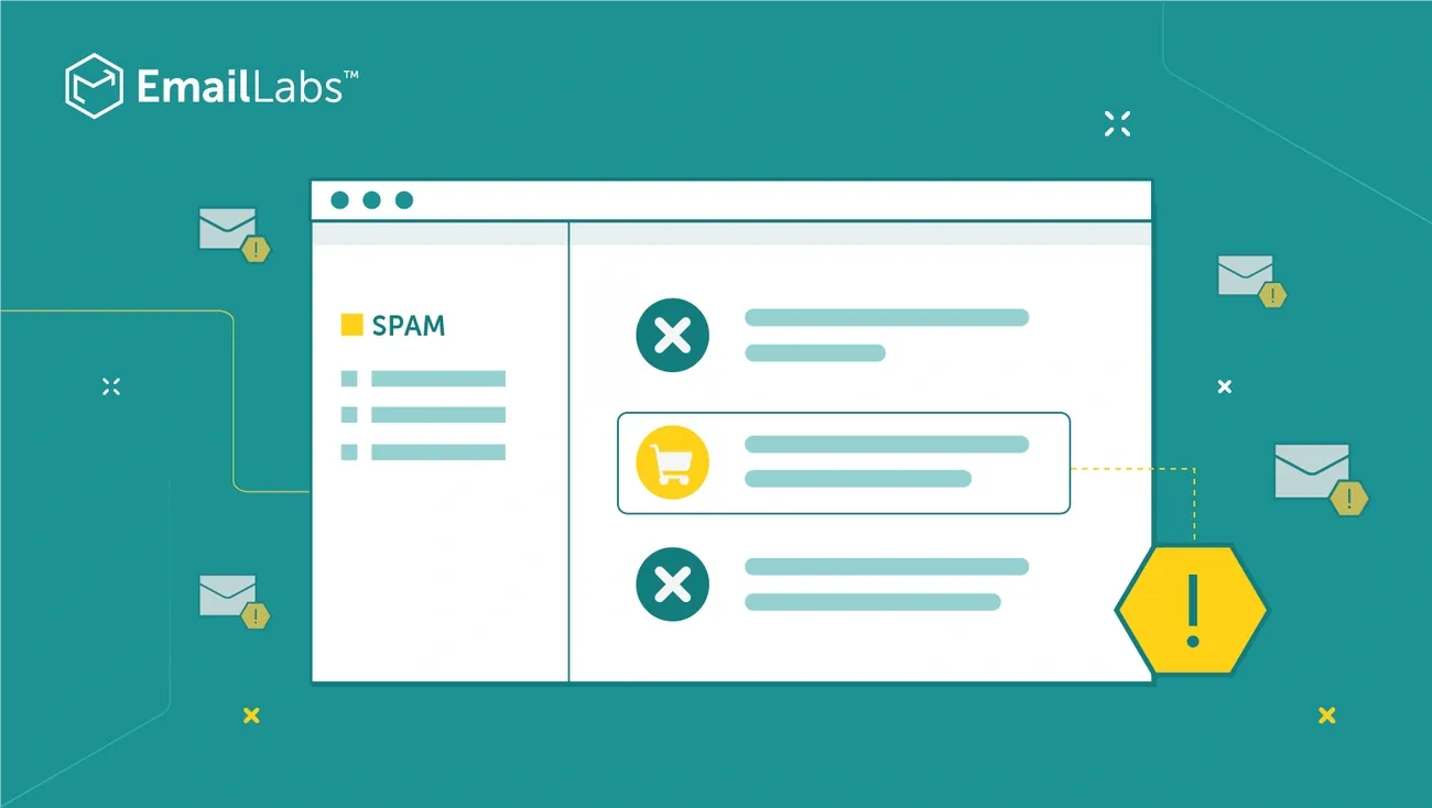 Illustration of an email spam folder interface highlighting tips to prevent emails from being marked as spam.
