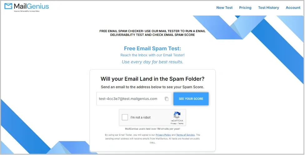MailGenius free email spam test interface to check if your email lands in the spam folder and view the spam score.