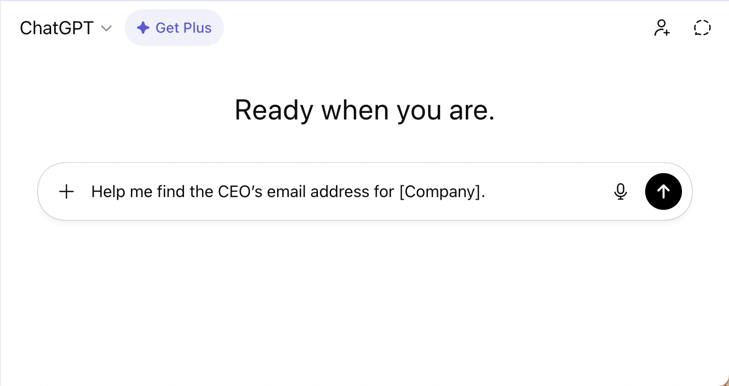 Screenshot of a ChatGPT conversation about finding a CEO’s email address