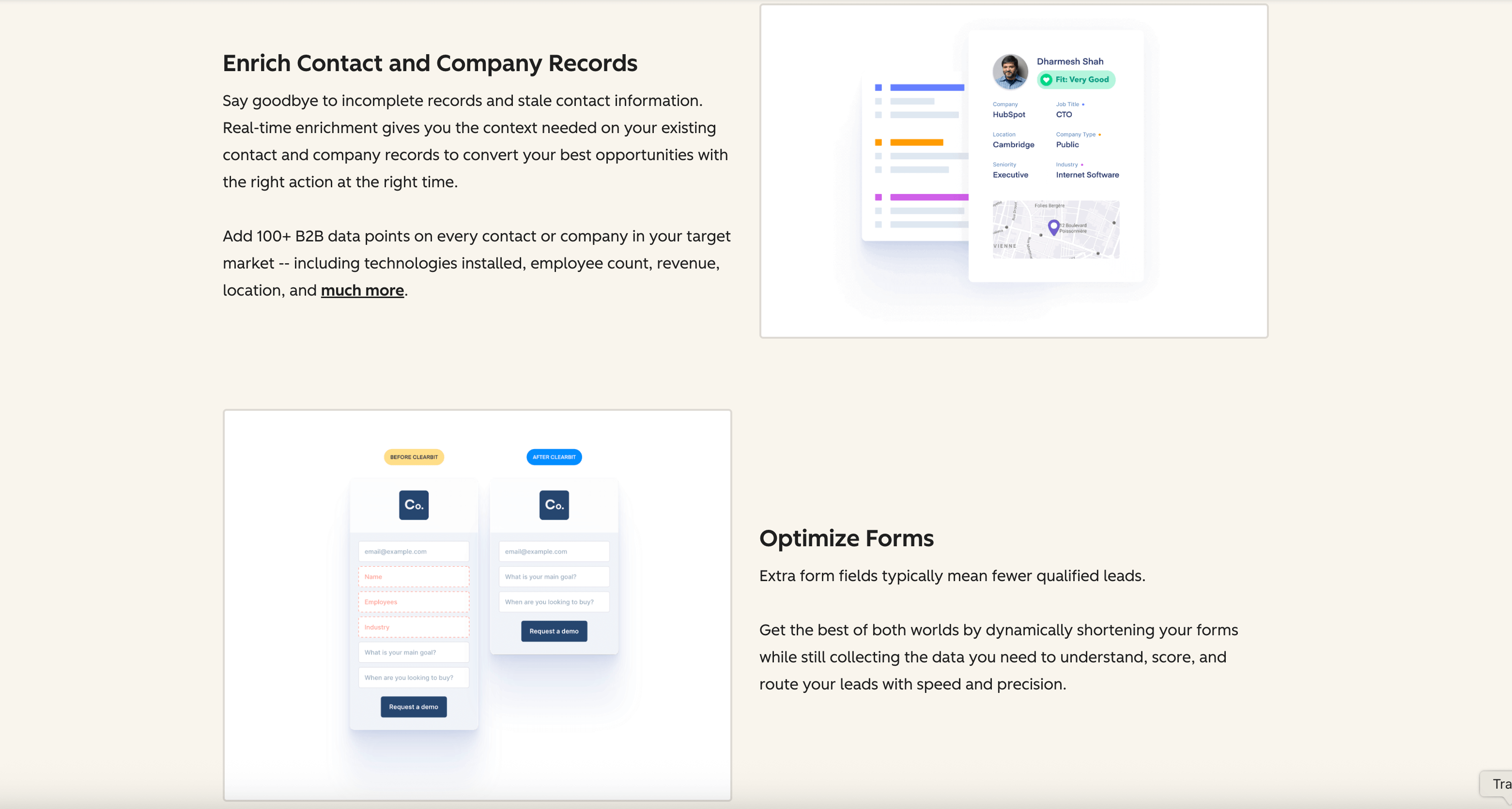 Screenshot of the Clearbit by HubSpot website showing data enrichment features