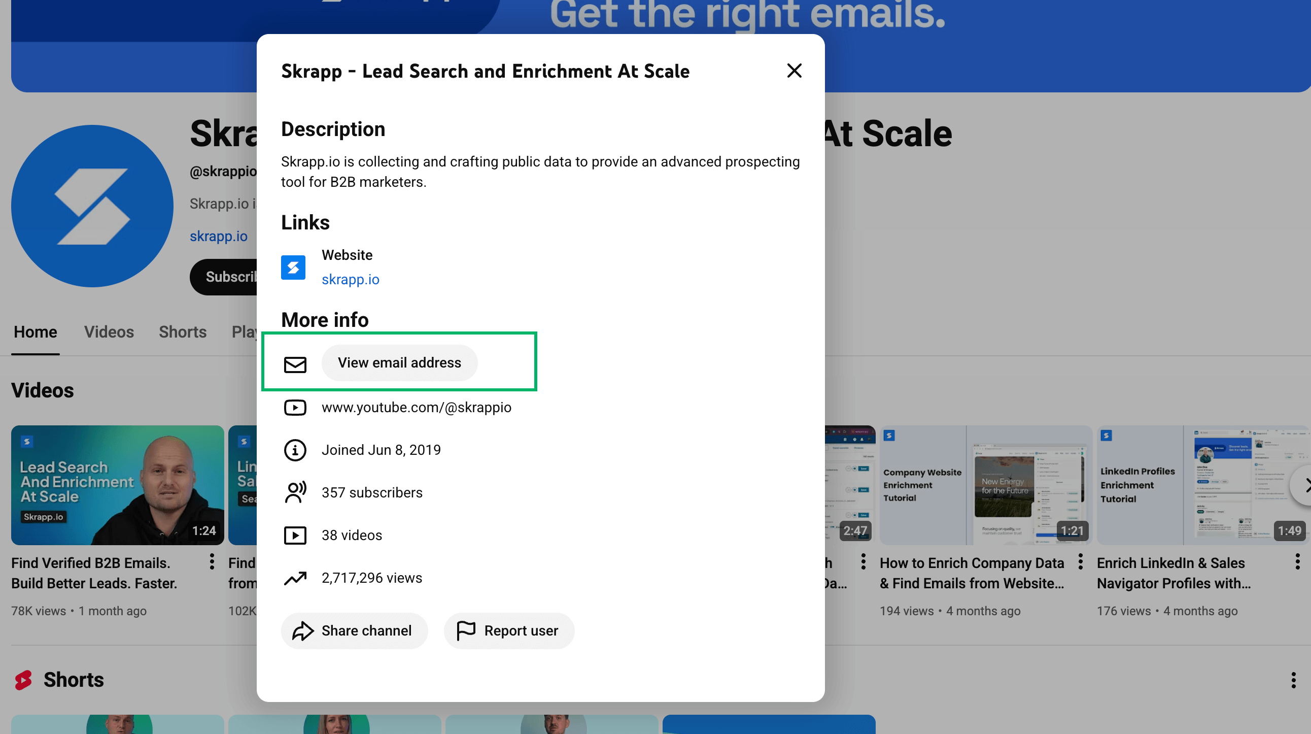 Manually searching for an email address in the About section on YouTube