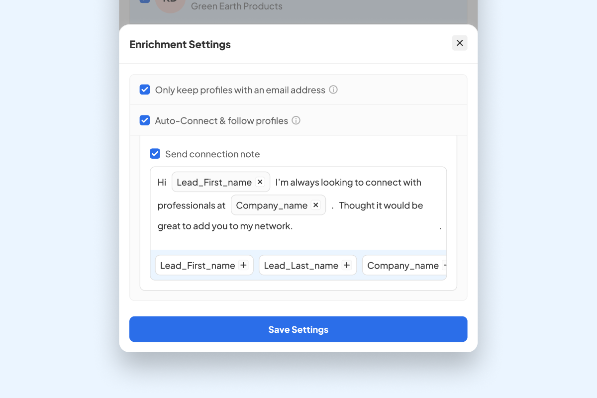 Where to find the “Send connection note” feature in the enrichment settings