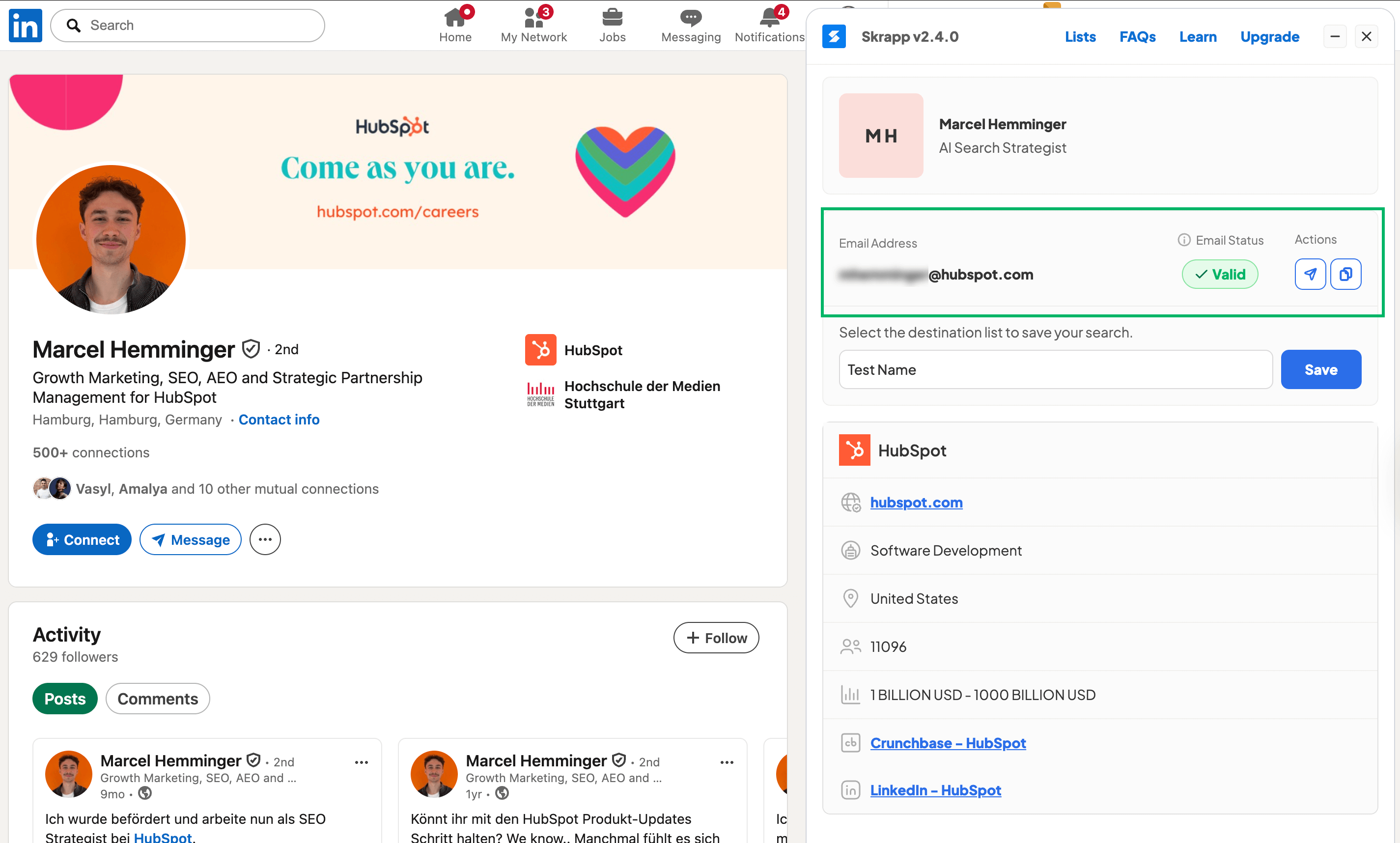 Using the Skrapp LinkedIn Email Finder extension to find email addresses directly from a LinkedIn profile