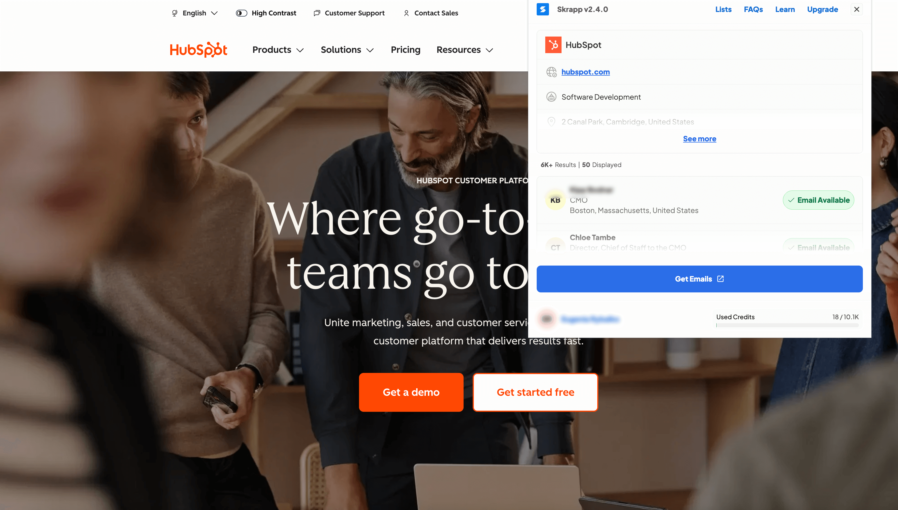 Using the Skrapp Chrome extension to find email addresses directly on a company website