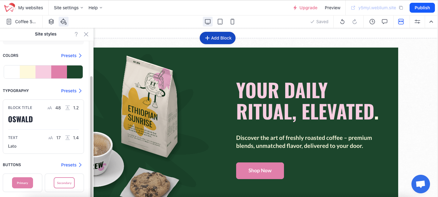 Weblium website builder interface screenshot