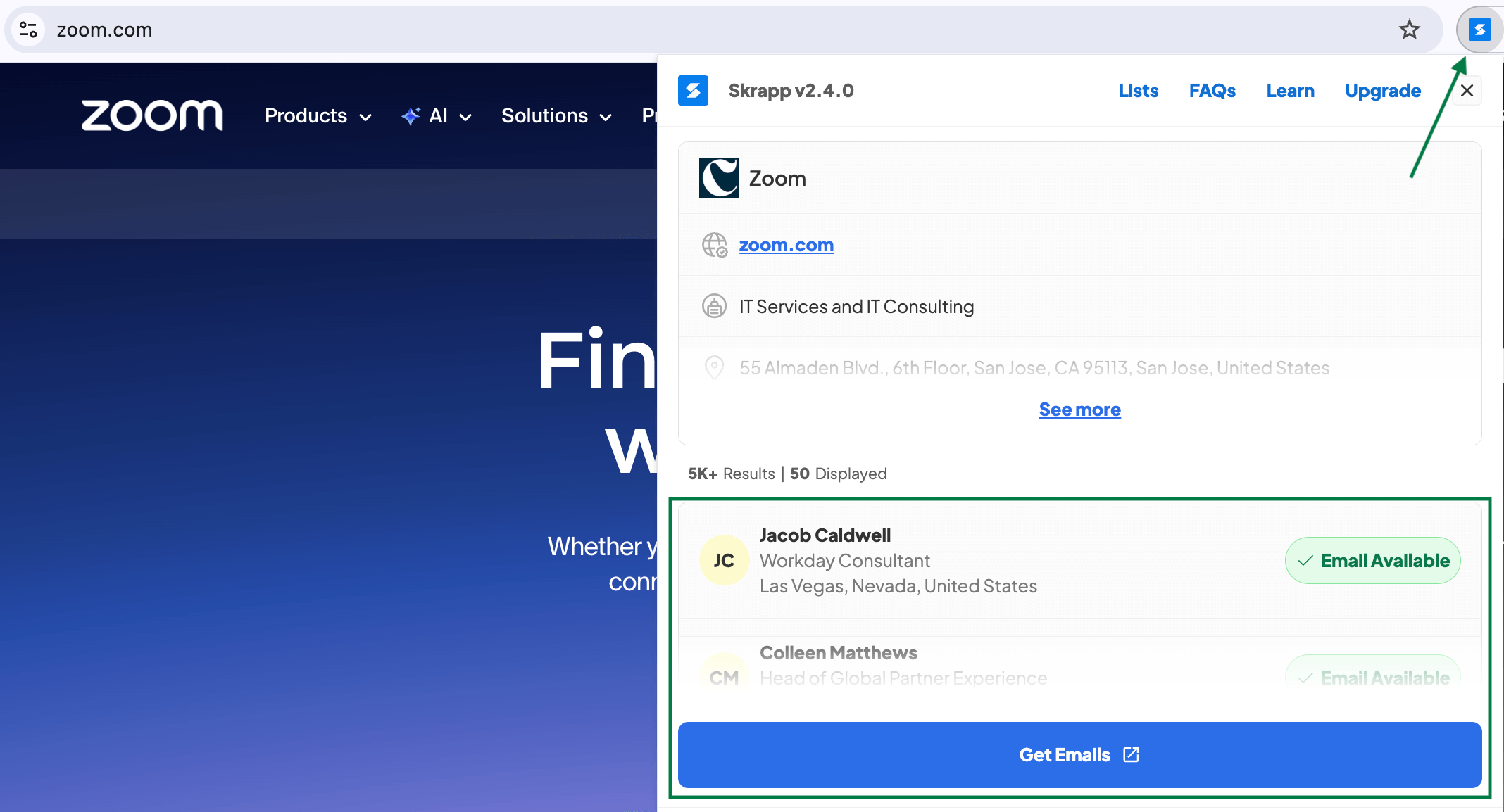 Finding email addresses on the Zoom website using the Skrapp Chrome extension
