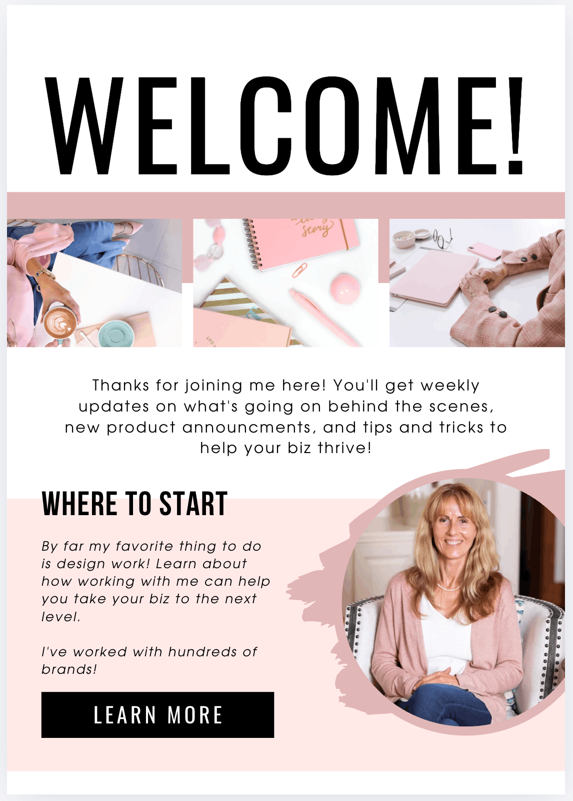 A pink and black welcome email template example created in Canva