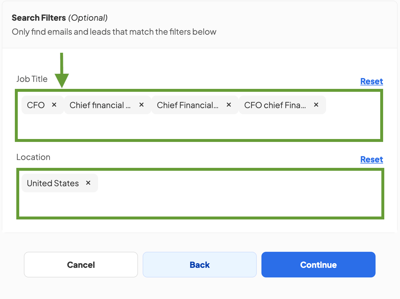 Screenshot of Skrapp’s Bulk Email Finder searching for CFO email addresses in the United States