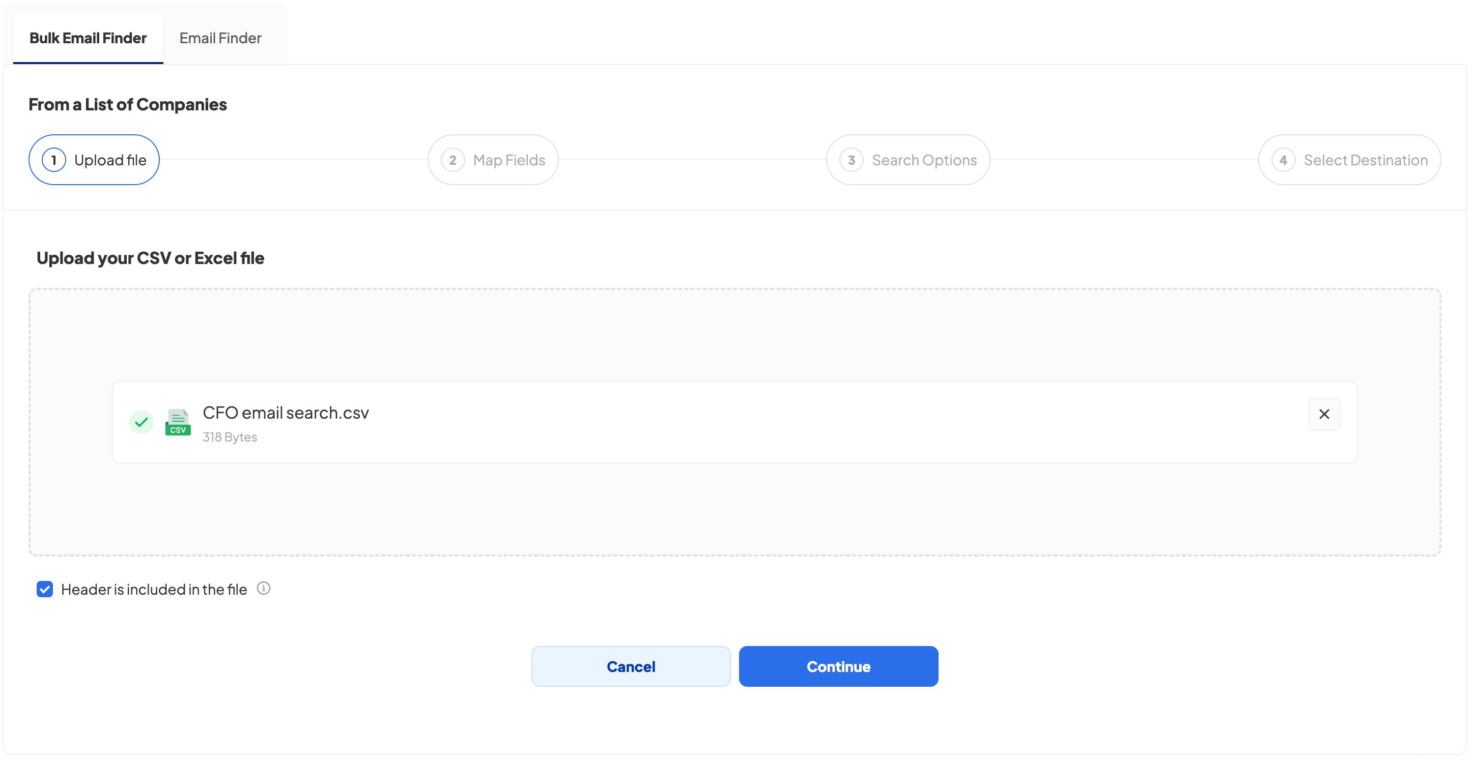Uploading a list of CFOs to Skrapp’s Bulk Email Finder