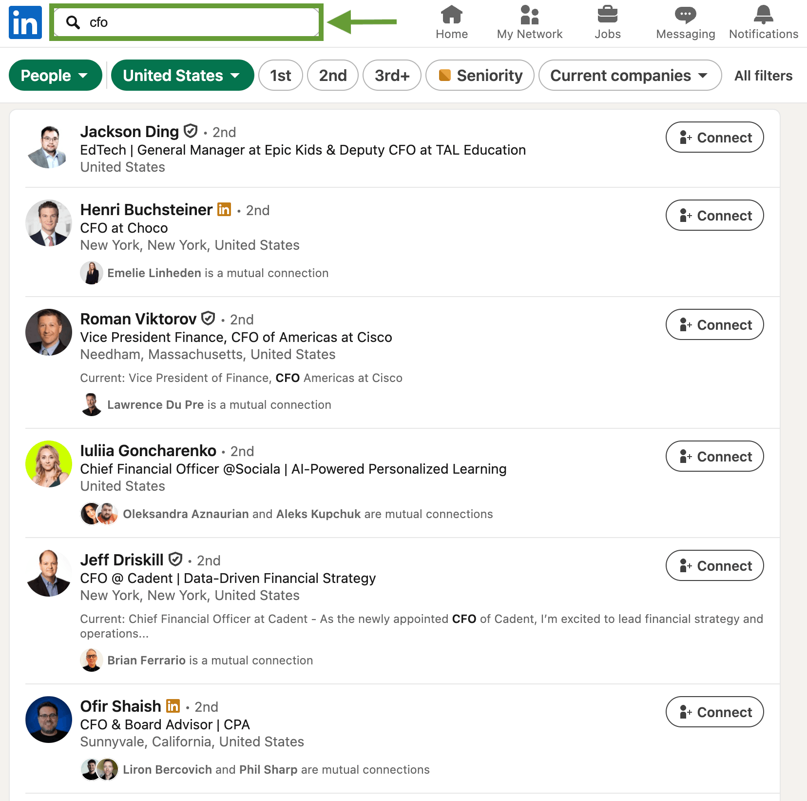 Filtering LinkedIn contacts by country (United States) and position (CFO) for further search using the Skrapp email finder tool