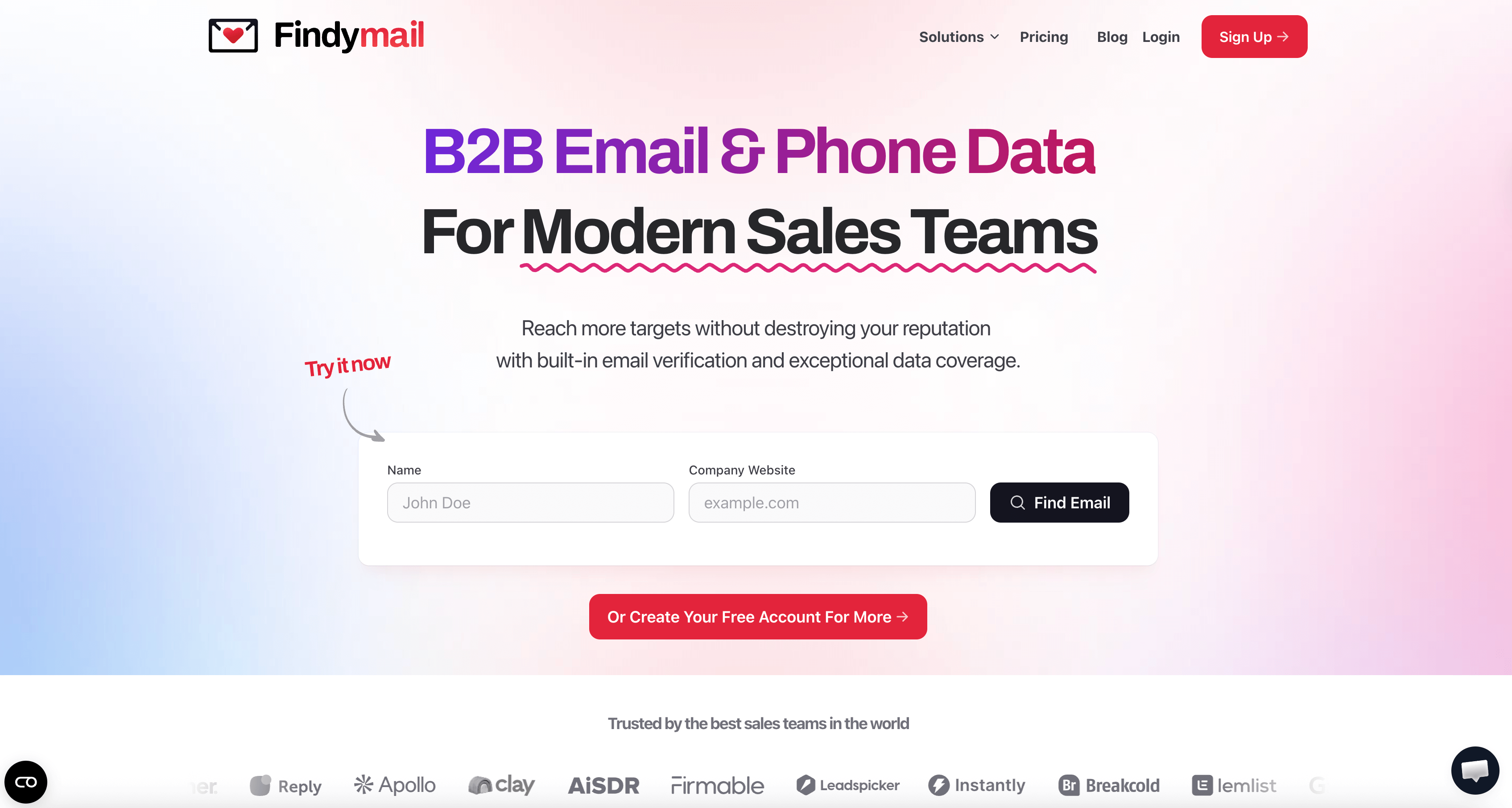 Screenshot of the Findymail main page showing the email and phone finder
