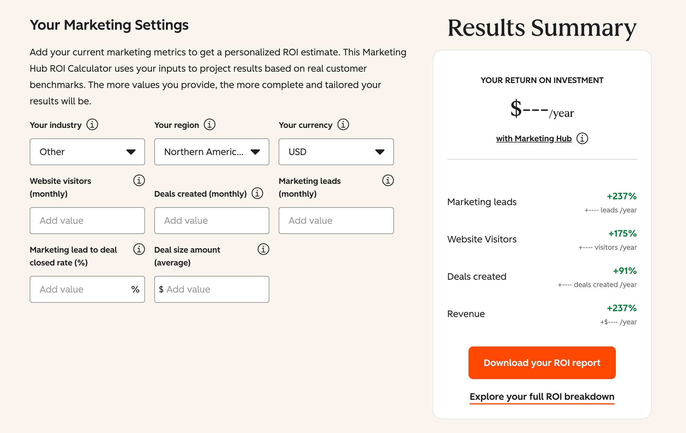 Screenshot of HubSpot’s ROI calculator showing potential return on investment based on aggregated customer data.