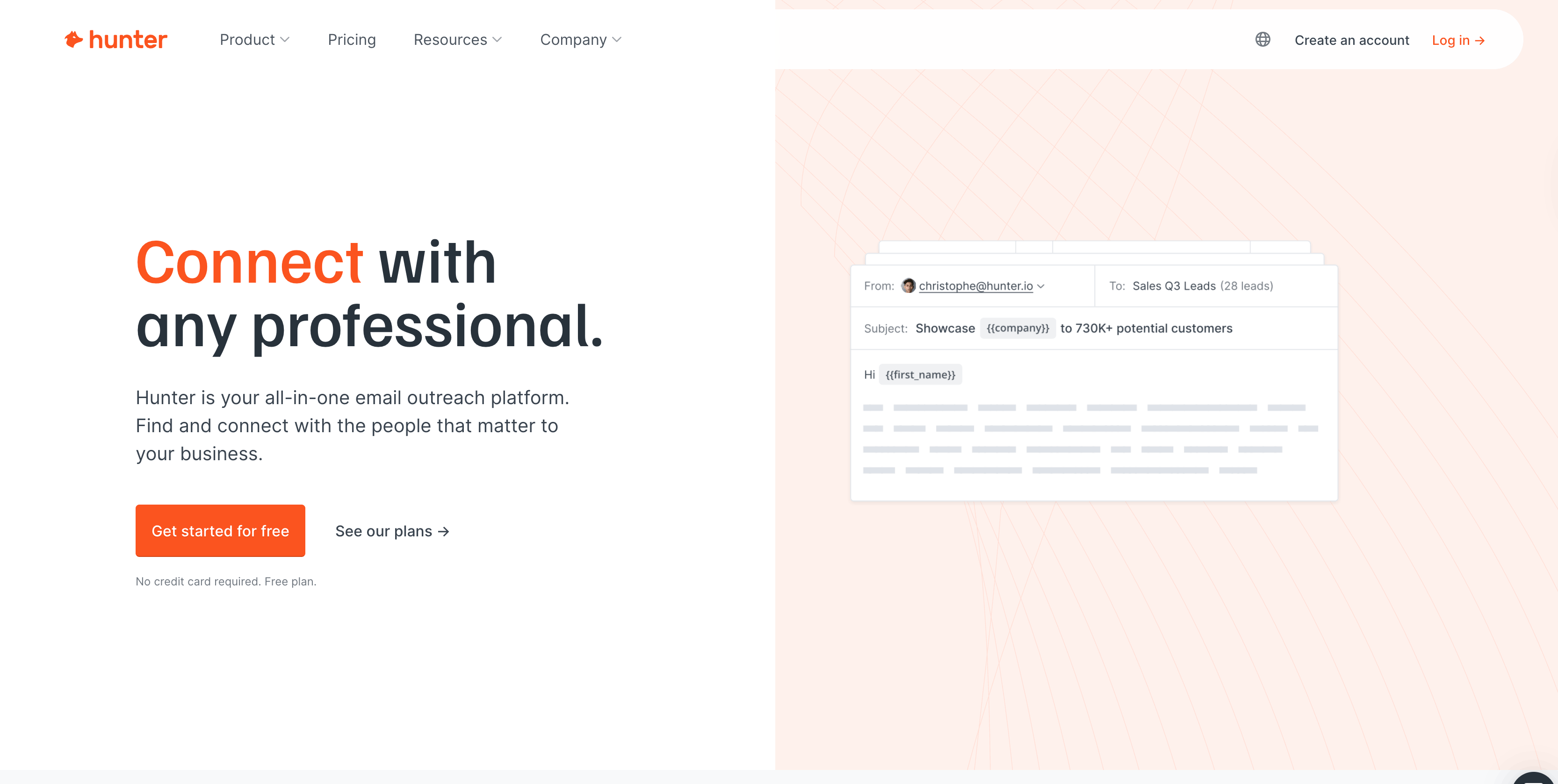 Screenshot showing the main page of the Hunter email lookup tool