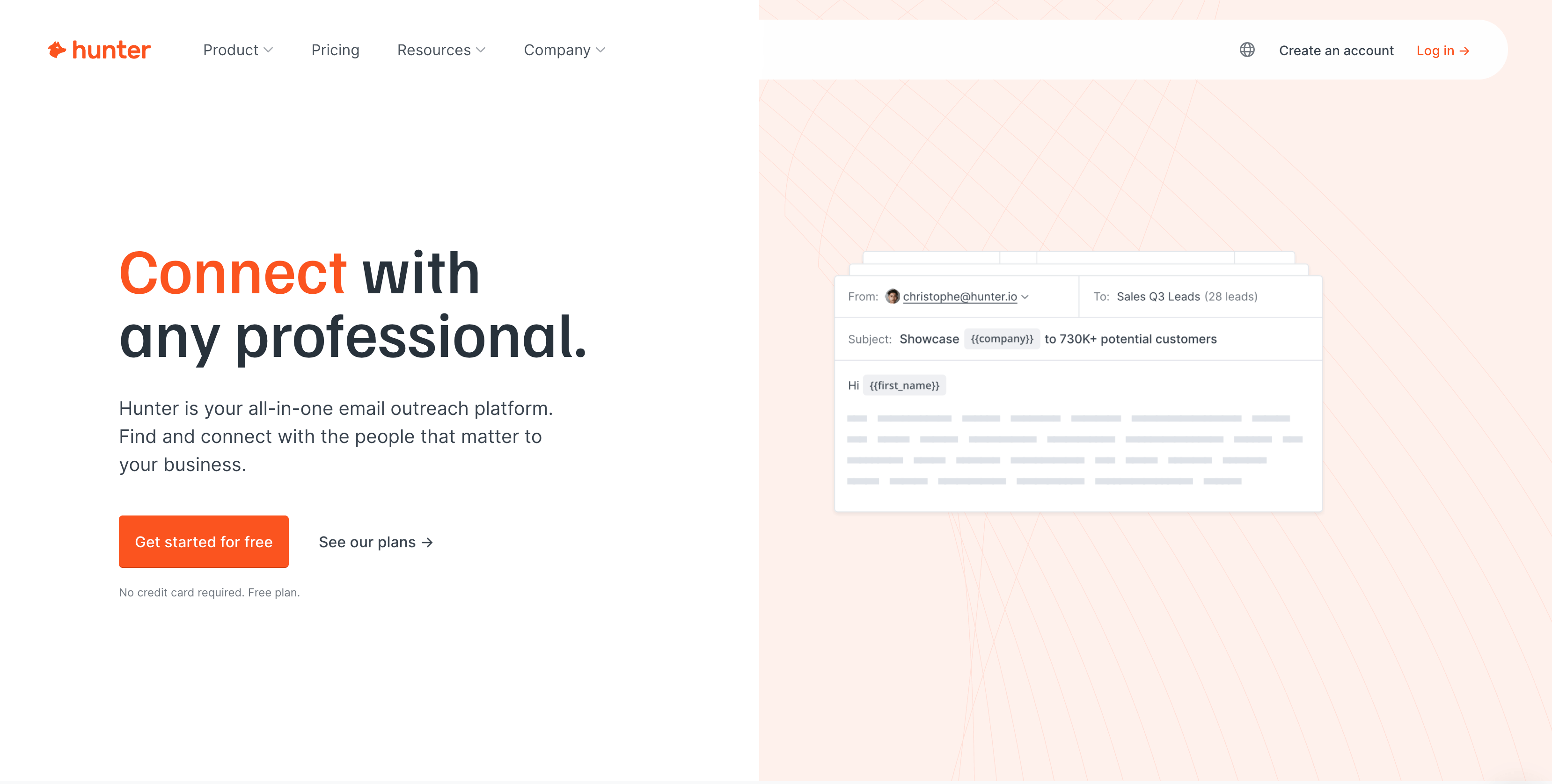Screenshot of the Hunter homepage showing the company domain email search tool