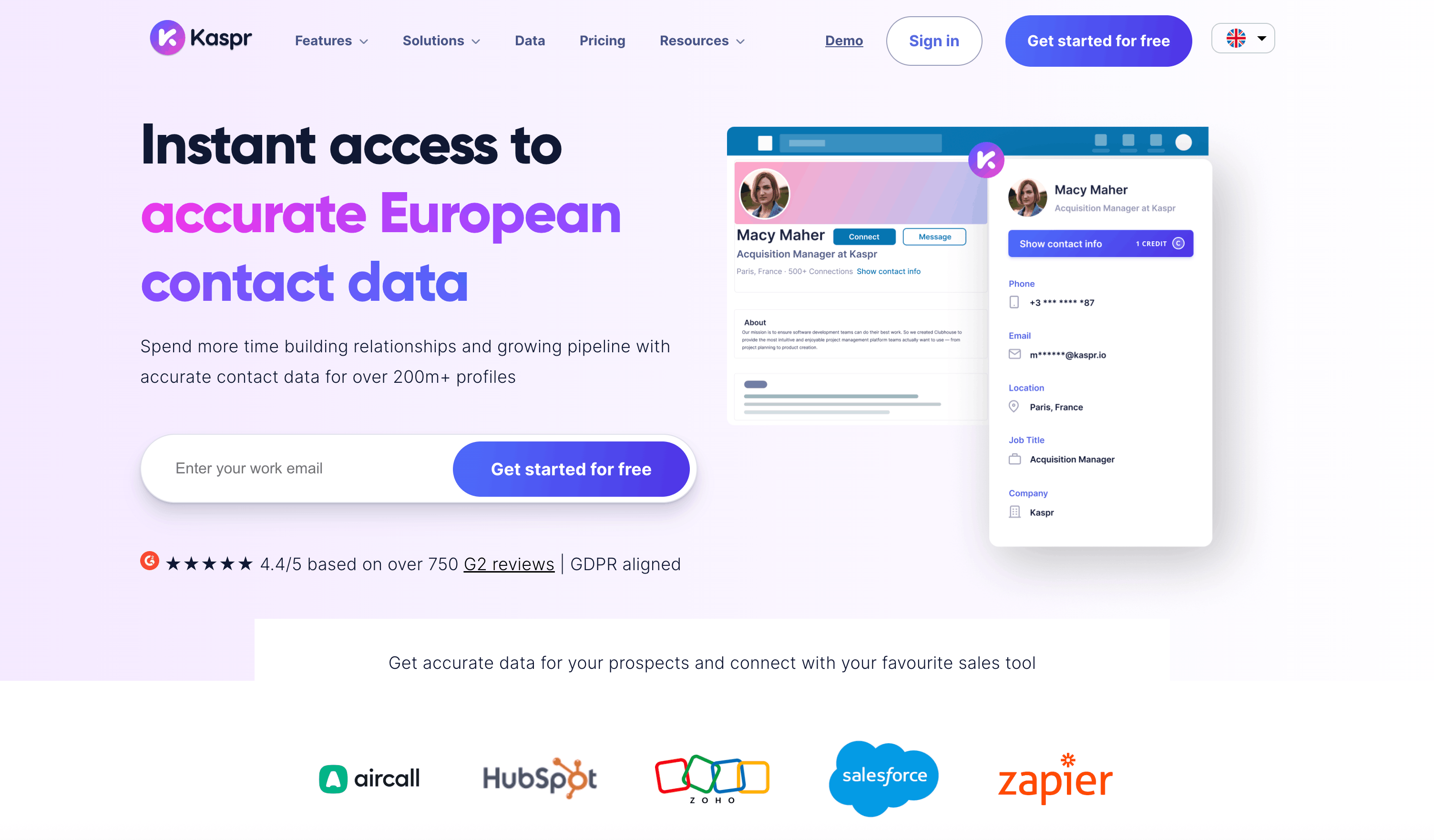 Screenshot of the main page of the Kaspr email lookup tool website