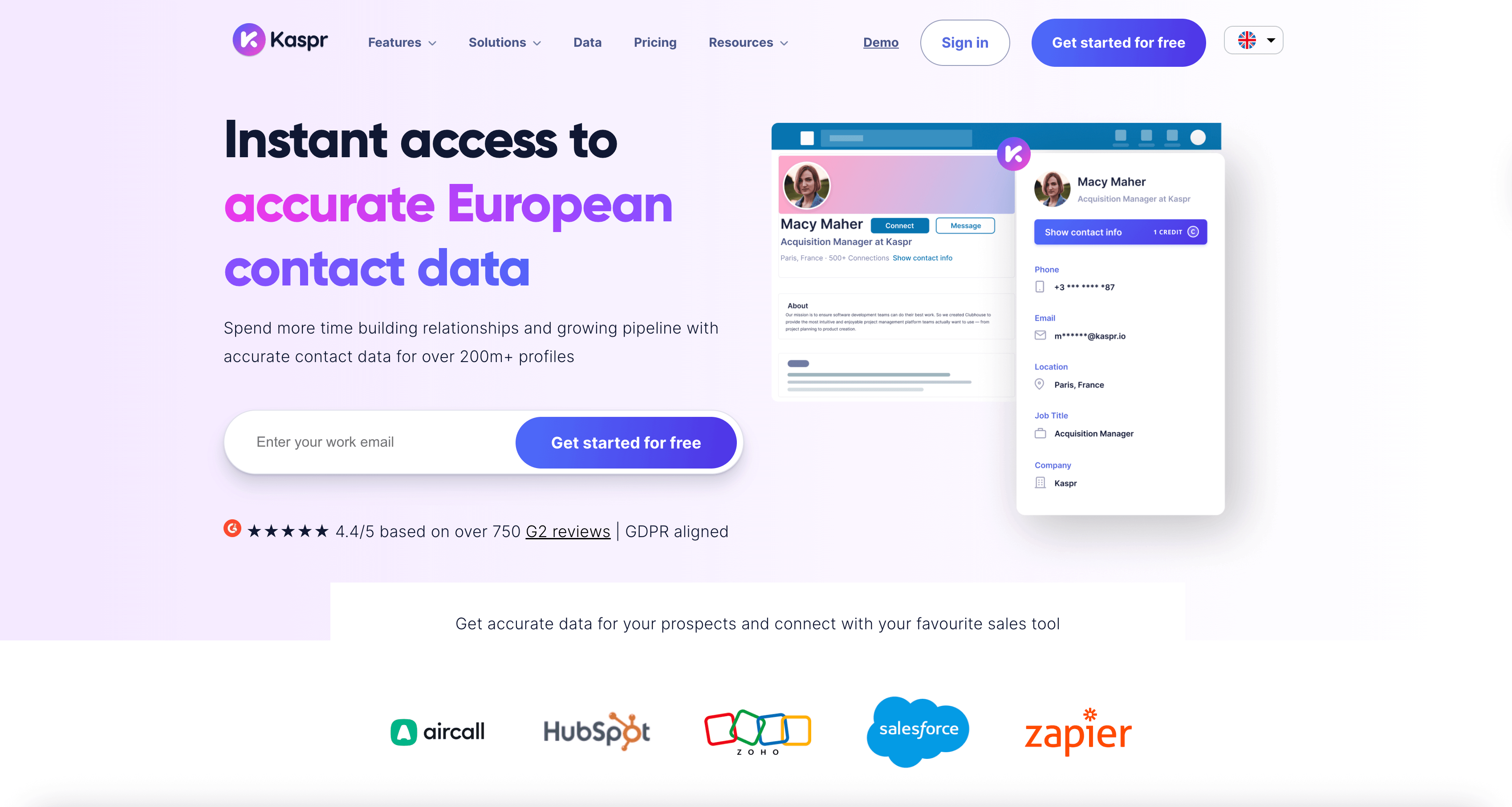 Screenshot of the Kaspr email finder website homepage