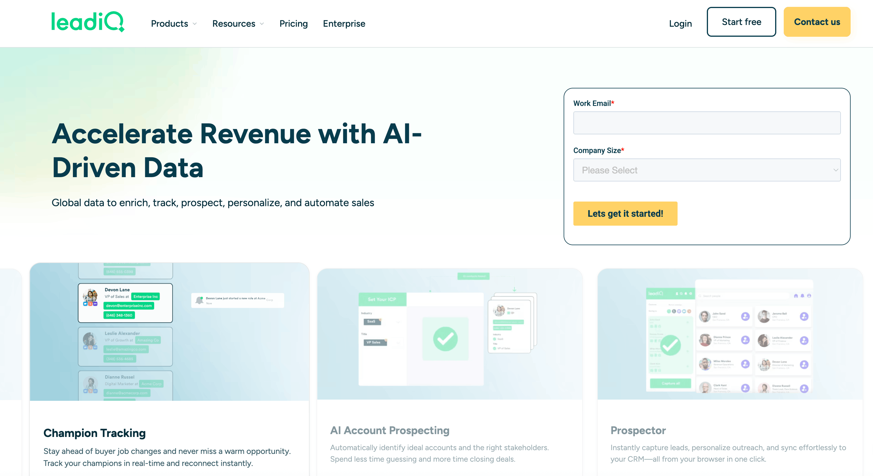 Screenshot showing the main page of the LeadIQ email finder tool