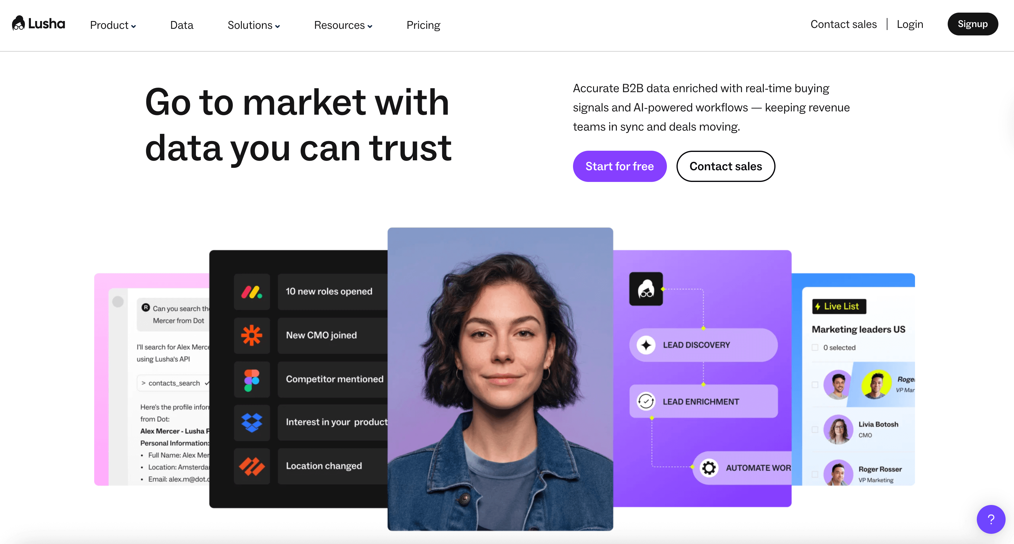 Screenshot of the main page of Lusha website