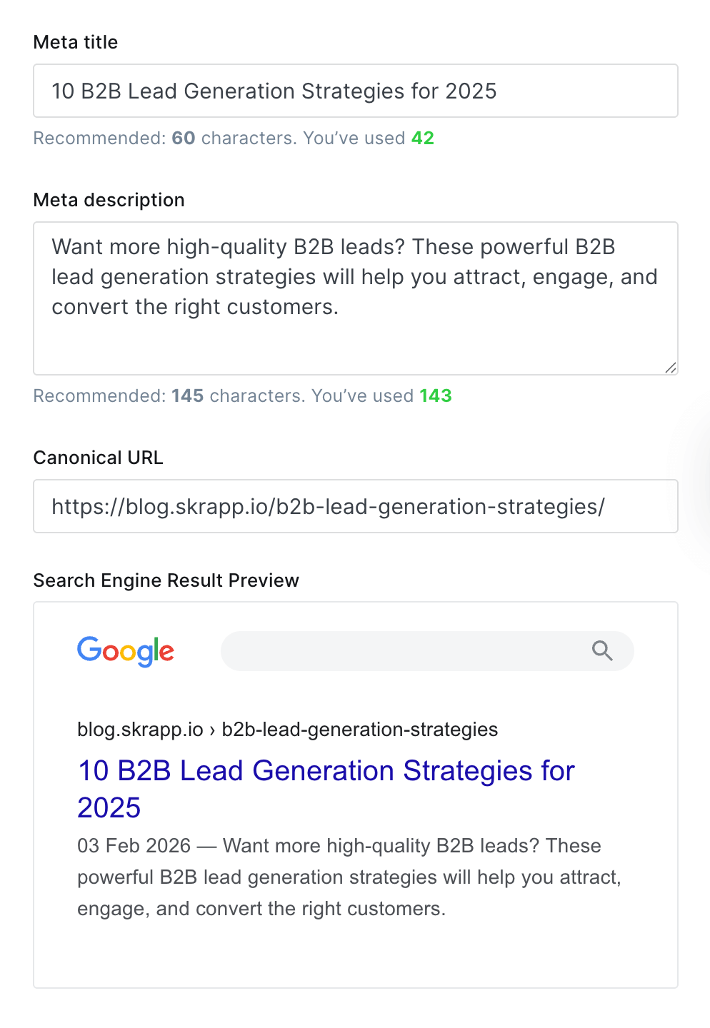 Screenshot showing SEO optimization of the title, meta description, and URL in Ghost CMS