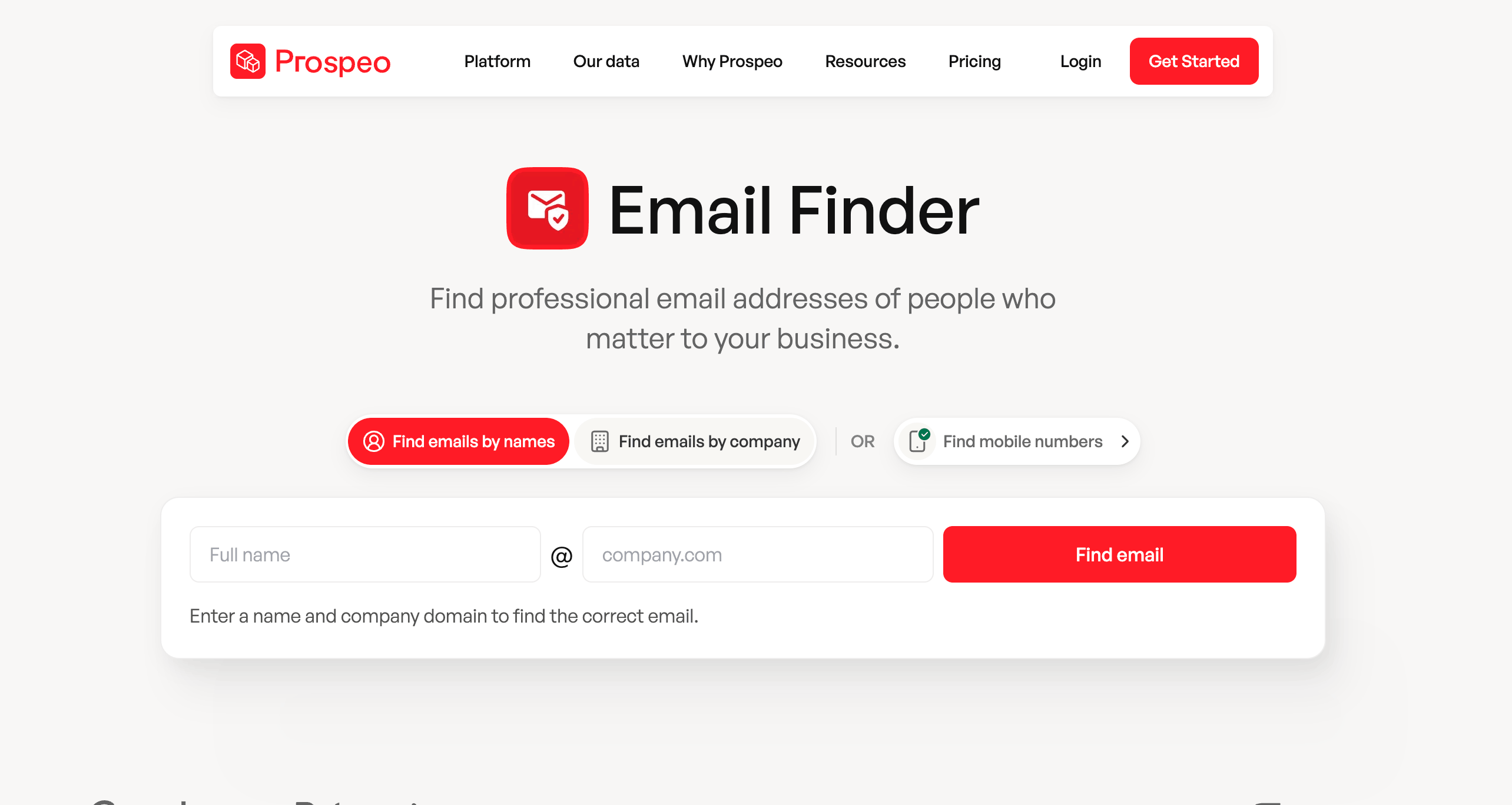 Screenshot of the Prospeo email finder main page