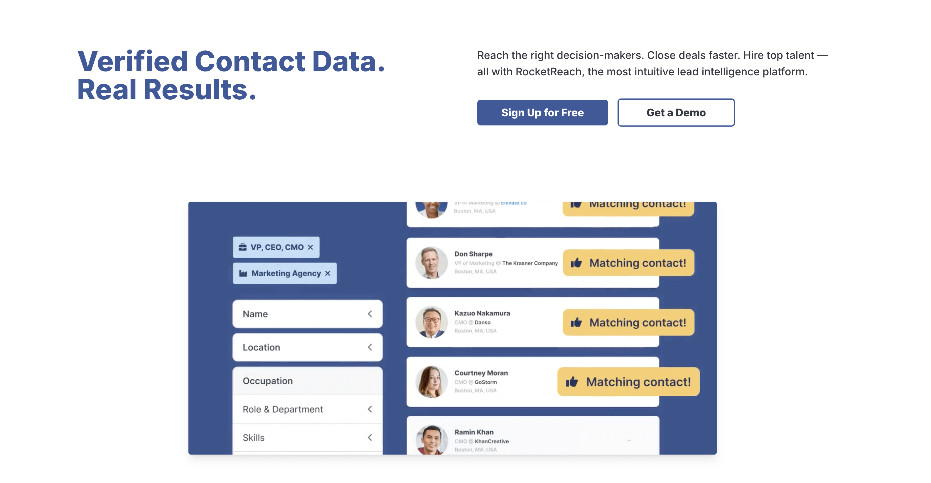 Screenshot of the RocketReach homepage highlighting its large executive database