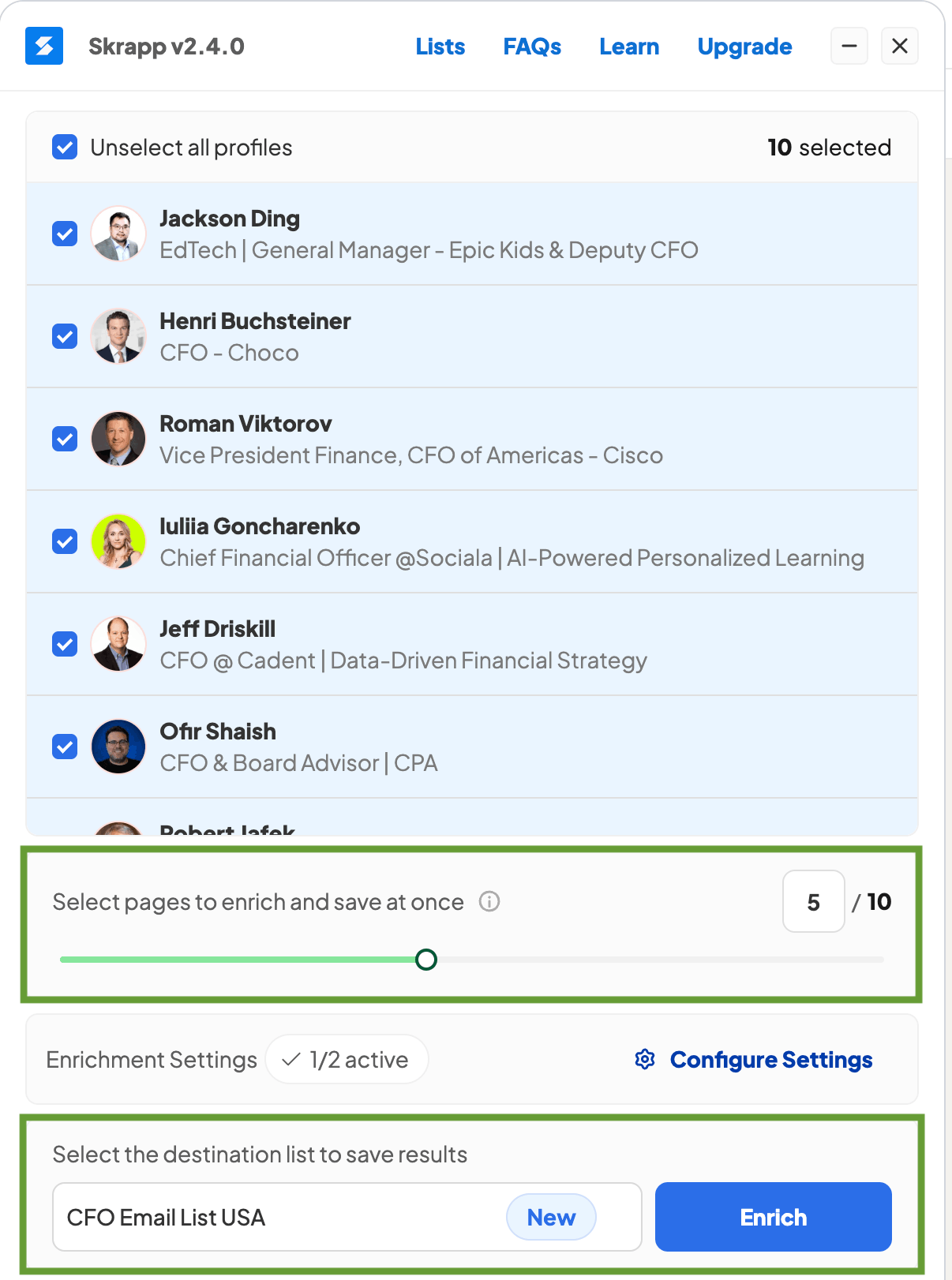 Using the Skrapp email finder extension to scrape CFO email addresses from LinkedIn search pages