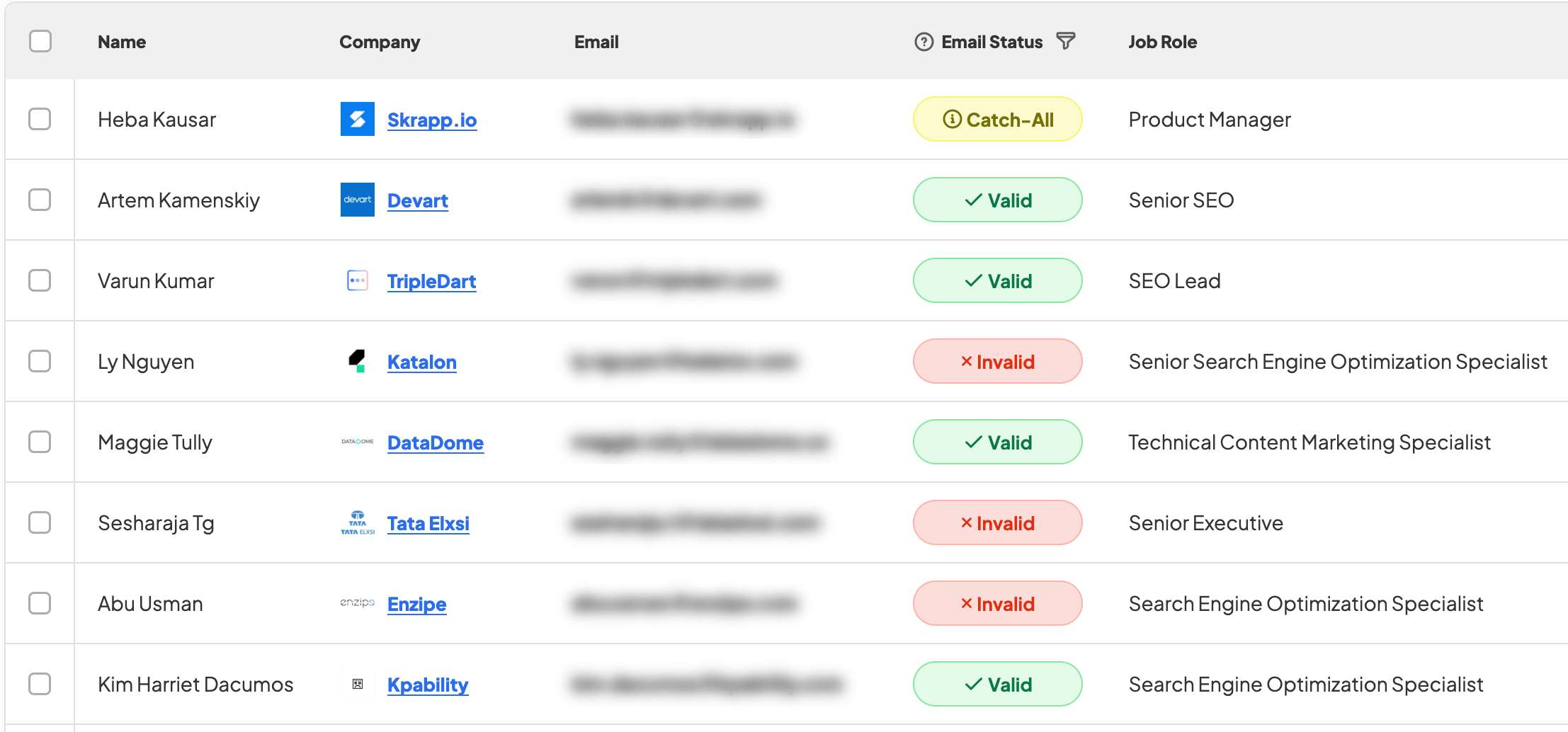 B2B lead list created with Skrapp email finder showing verified email addresses