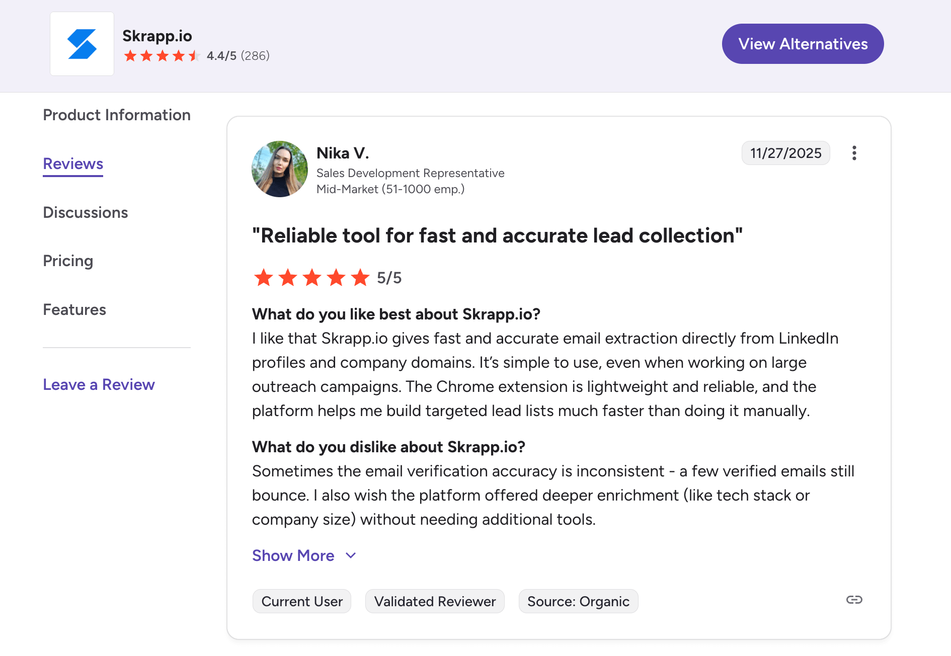 Screenshot of a real customer review of the Skrapp email finder tool on the G2 platform