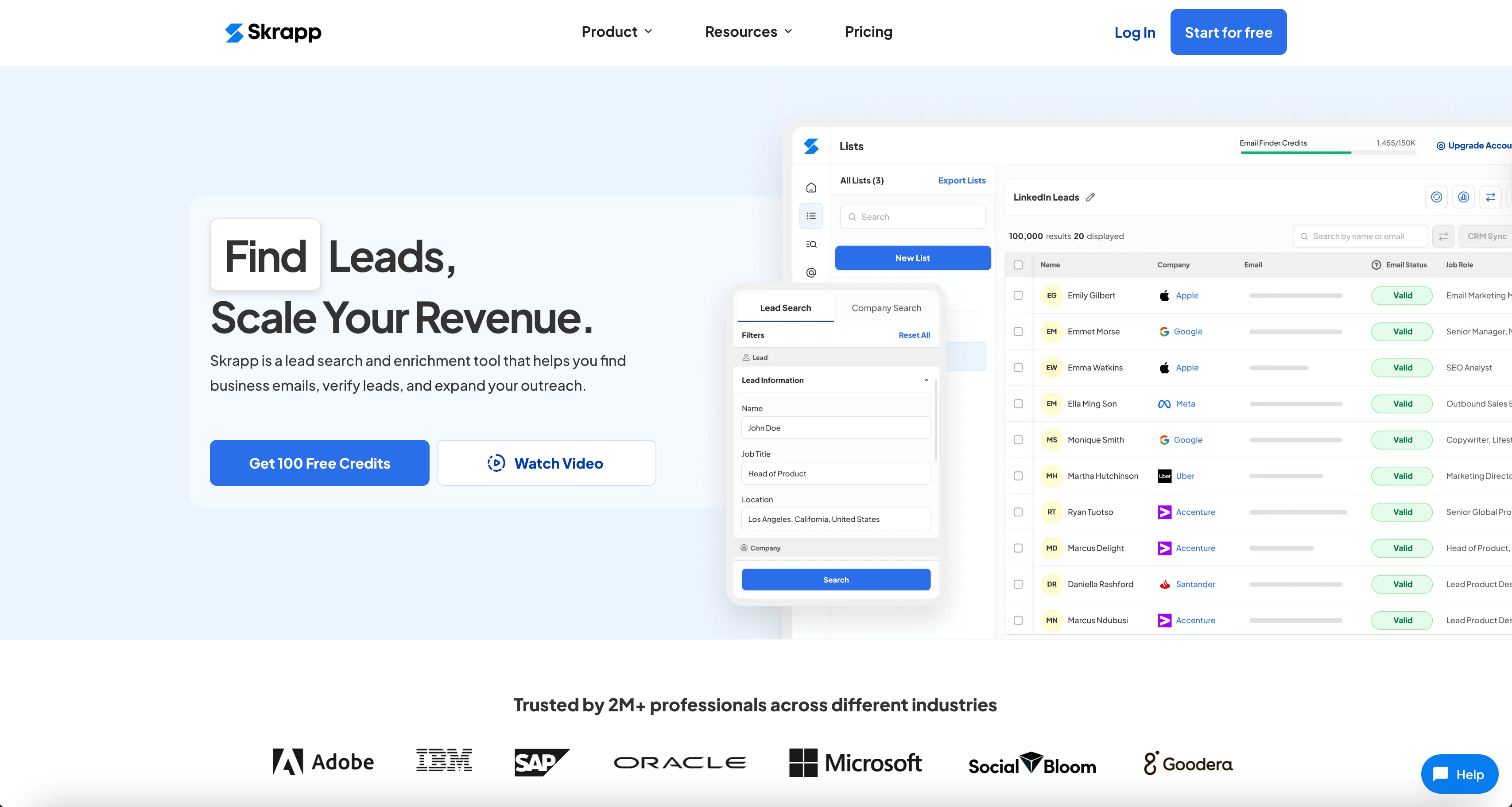 Screenshot of the Skrapp main website page